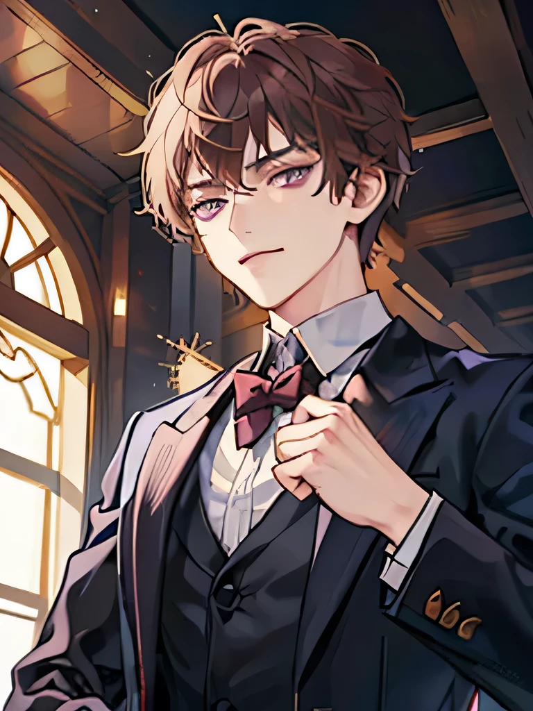 little boy, purple eyes, wavy brown hair, noble. sadistic mafia. like a prince. sadistic prince. smirk. haughty. short hair, young master.