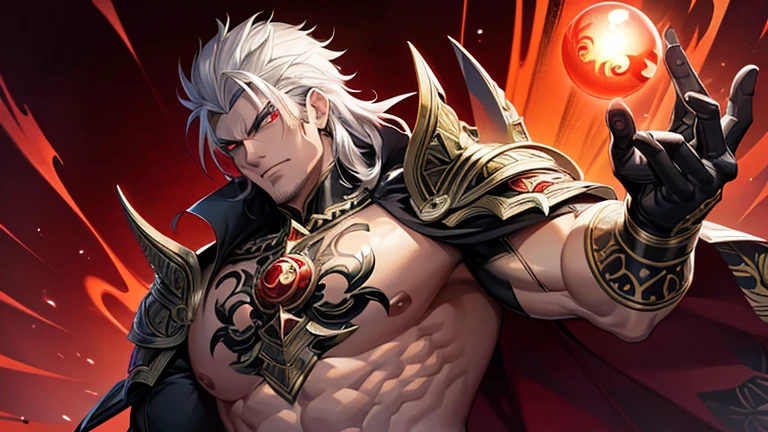30 years old, big eyes, Chinese male, stubble, short white hair, huge muscles, exaggerated muscles, mature man, muscle swelling, bodybuilding, pectoral muscles, abs, in the castle, nutcracker, wearing medieval gorgeous costumes, vampire, fangs, red cape, wheat-colored skin, 1man, standing, night, pointed ears, red gemstone ring, ruby necklace, ruby bracelet, red eyes