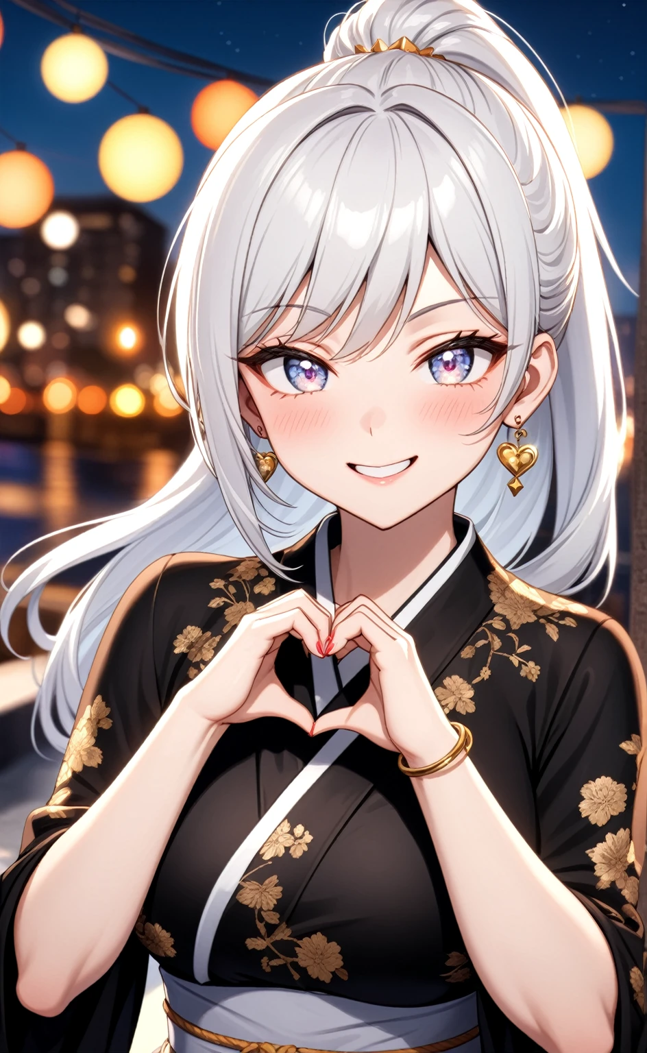((one personの女性)), Beautiful Face,Laughing embarrassedly,((Wink:2.0)),Laughing with your mouth open,((Bright red cheeks:1.3)),Glossy pink lips,night,Rooftop festival,firework,Ocean,((Anime style background)),masterpiece, highest quality, so beautiful, Latest, Complex details, (Pink long nails),(ring),(bracelet),AI-generated, Complex,High resolution, highest quality, super high quality,3D Images、View your viewers、3D Images,one person,Long white hair,High Ponytail,blue eyes,Anime woman posing for a photo, ((Fine grain、Silvery white colorful eyes、Shining Eyes:1.2)),(Squint your eyes:1.1),a hyperRealistic , hyperRealistic , Realistic,Anime woman with long and white hair, Smooth anime CG art, A woman in a colorful kimono with gold embroidery, (Black kimono),Red floral pattern,Long flower hair ornament,Big earrings,Mature Body,(Big Breasts:1.1),Tall,Big Ass,Fine details,Narrow waist,Abdominal muscles,(Face close-up:1.4),((A woman making a heart hand sign with their hands in front of their chest. They are forming a heart shape with their thumbs and index fingers.))