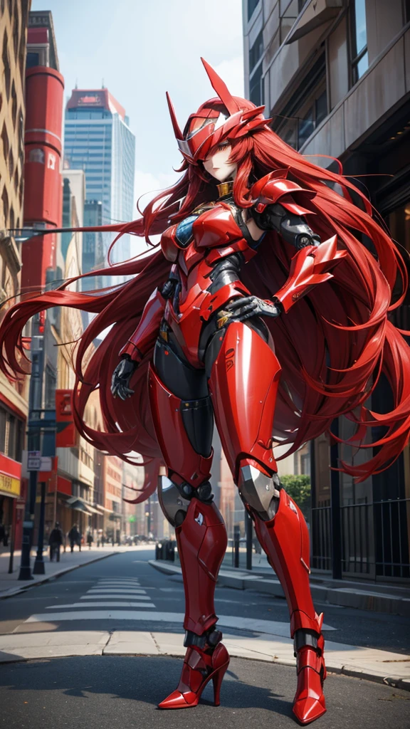 Large red long-haired female robot,helmet,Full body red armor,mechanical joint,Chest,,high heels,City
