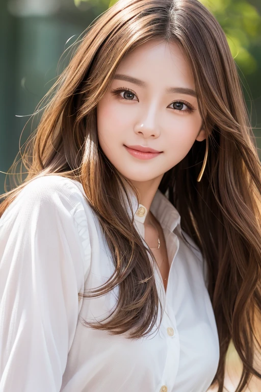 masterpiece、highest quality、figure、 Very detailed、Fine details、 High resolution、8K TV Wallpaper、Perfect dynamic composition、Beautiful at 28years old、clear、Detailed face、Fine grain、Textured skin、A faint smile, Long, wavy chestnut brown hair, Warm hazel eyes with flecks of gold 、Bright and genuine, often lighting up face,Personality: Bright, cheerful, and kind, with a warm and approachable demeanor,Bold bright and cute pose, white shirt , I'm background is garden