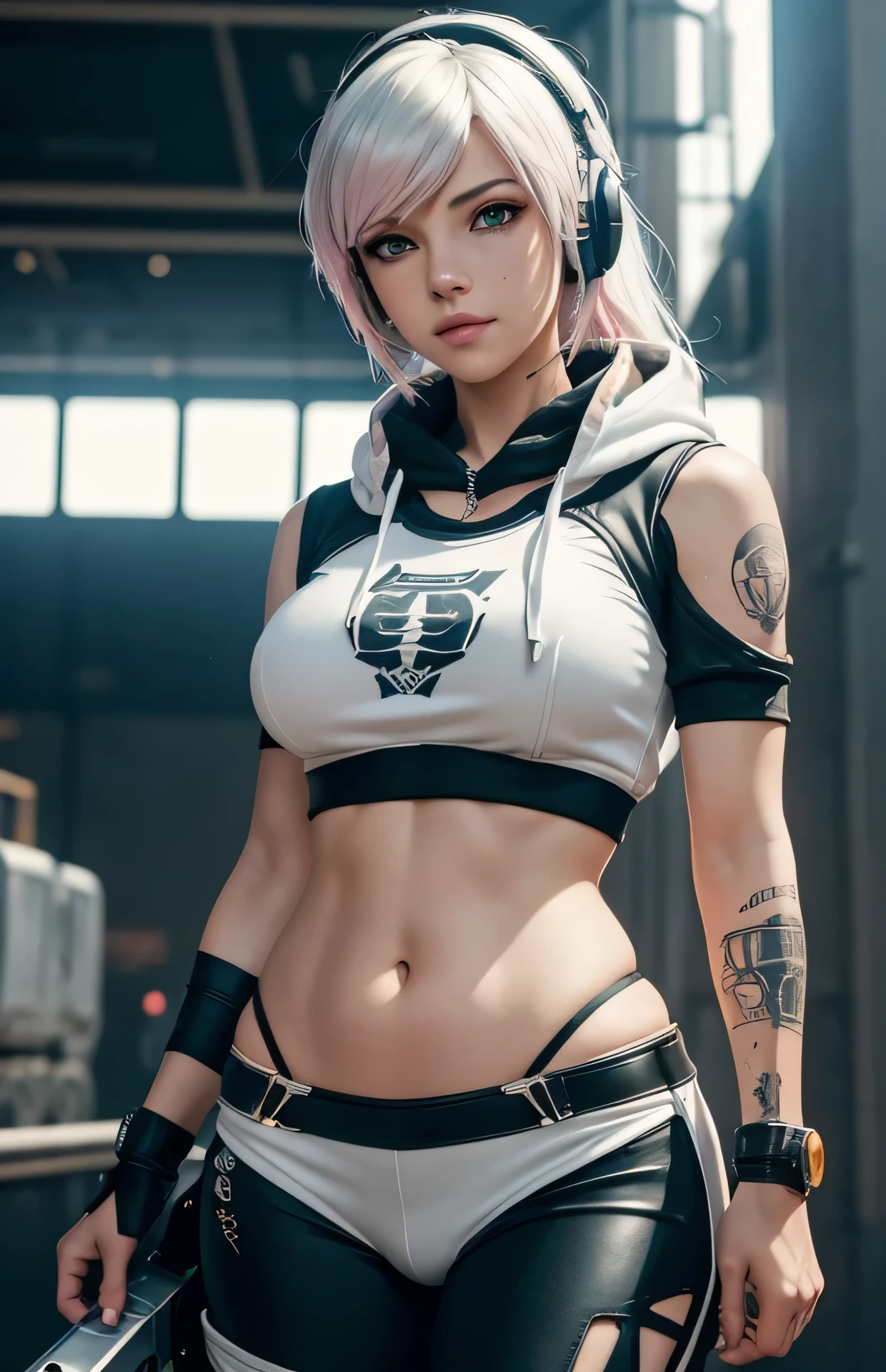 gwen tennyson,tracer,y'shtola rhul,yorha 2b,overwatch,nier automata,mecha pilot, concert stadium,tattoos,orange and pink plugsuit,white short sleeve lycra top,white cargo leggings,uncovered belly,long hair,punk makeup,green eyes,multicolored silver hair,sexy smile,freckles,beautiful girl,big breasts,8k,ultra detailed,realistic,fantasy art,rock star,ear piercings,metal band uniform,saiyan girl,short sleeve punk hoodie,graffiti wall art,walking,dog tag necklace,concert headset,