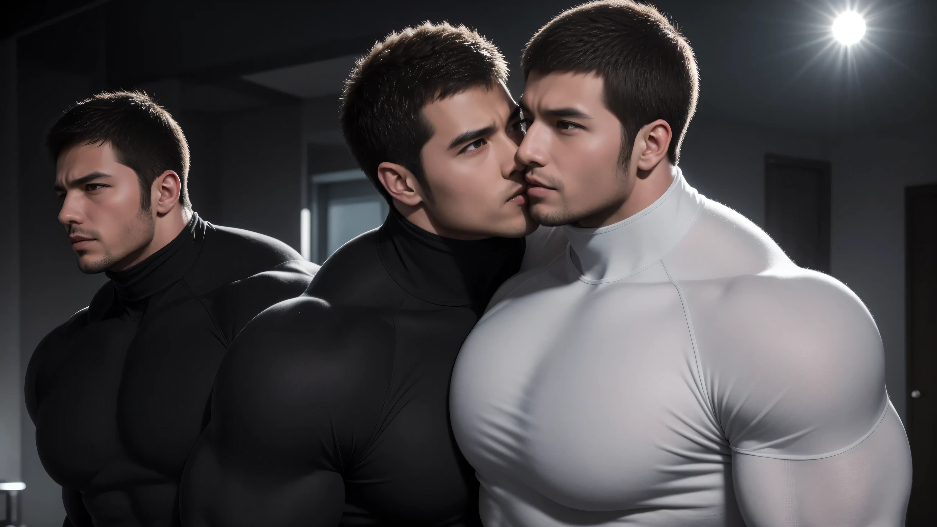 Super muscular man hugging, kissing and caressing, Open mouth and scream,Look at each other affectionately,They hugged each other affectionately,Buzz Cut,In a luxurious and noble mansion, Wear a long-sleeved light grey turtleneck tights, Thickened warm elastic texture,Clothes are very dirty with mud stains,The expression is arrogant, Thick thighs, Messy hair, Thick thighs, High collar long sleeve light grey turtleneck tights, very tight, Regular symmetrical pattern, Highlight muscles, Police uniform pants, character concept(Resident Evil - Chris Redfield, Chris Redfield)A proud expression, Deep and charming eyes, Heroic male pose, tall Burly, muscular!muscular thighs, tough guy, perfect facial features, High, Burly, Heqiang, Super polished and cool, High Resolution Committee, Charismatic, The sun shines through the customers