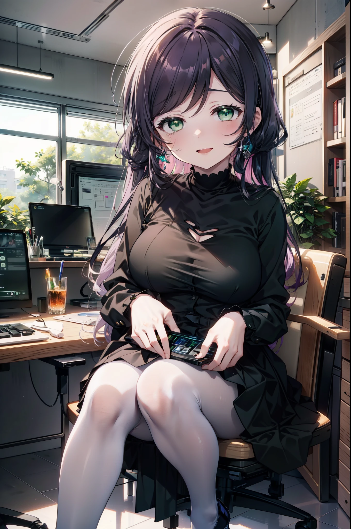 nozomitoujou, Nozomi-san always, (Green Eyes:1.5), Purple Hair, Long Hair, (Large Breasts:1.2),happy smile, smile, Open your mouth,Sleeveless dress,Long skirt,Black pantyhose,Stiletto heels,There is a computer on the table,walking,Daytime,Clear skies,whole bodyがイラストに入るように,
break looking at viewer,whole body,
break indoors, office,
break (masterpiece:1.2), highest quality, High resolution, unity 8k wallpaper, (figure:0.8), (Beautiful fine details:1.6), Highly detailed face, Perfect lighting, Highly detailed CG, (Perfect hands, Perfect Anatomy),