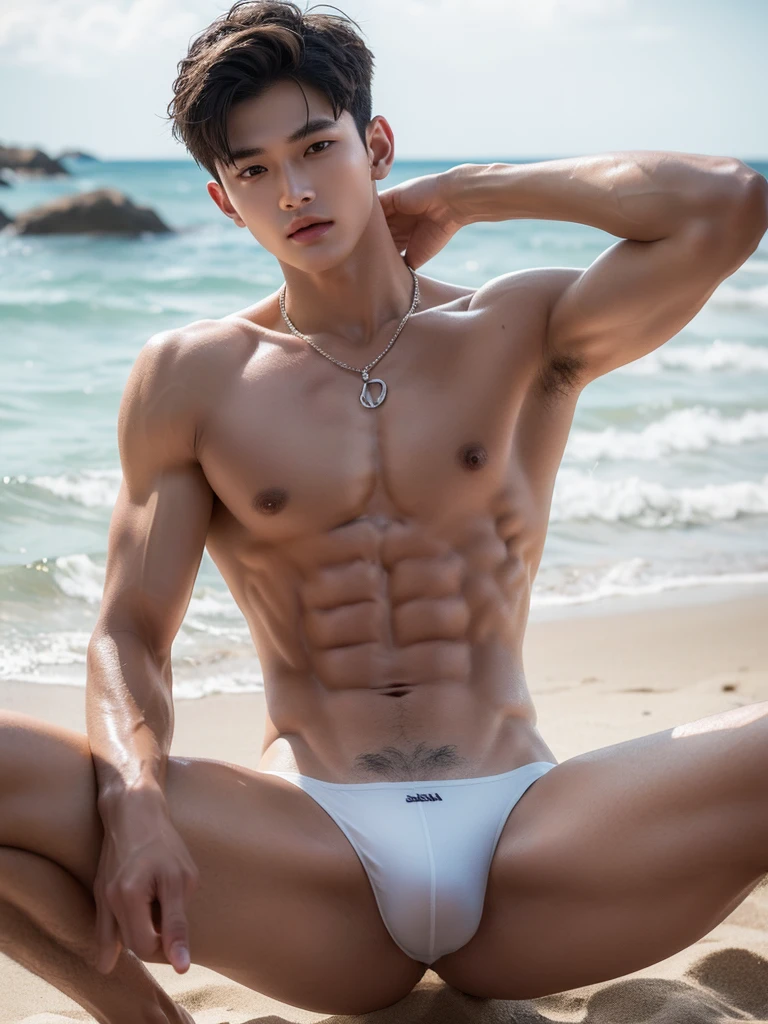 beach background, Very dirty Stain in his half thong, Very smooth armpits, Very detailed finger, don't merge body, Very young boy, ager boy, (photorealistic, masterpiece, best quality), white pale skin, muscular man, hunk, charming, attractive, wearing necklace in his neck, completely naked , Realistic, fully naked, nude, perfect , male , modeling for a photoshoot, editorial style, handsome man, detailed face, Topless, shirtless, 17 y, very young boy, Cinematic hard lighting illuminates a stunningly detailed and ultra-realistic handsome korean male supermodel, short hair, clear honey eyes, captivating perfect smile, sensual, hot man, insanely handsome, showing off his sweaty body, very sixpack muscular body build, slender, toned, full body, 8k, photography, masterpiece, detailed face, detailed eyes, detailed hands, sitting, spread legs, only wearing half thong, very wet body, very sweaty body, wearing thin half thong