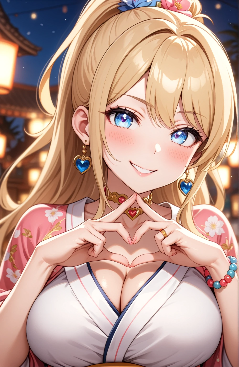 ((one personの女性)), Beautiful Face,Laughing embarrassedly,((Wink:2.3)),laugh with a big mouth,turn bright red,Glossy pink lips,night,rooftop,Festive decorations,You can see the ocean, firework,((Anime style background)),masterpiece, highest quality, so beautiful, Latest, Complex details, (Pink long nails),(ring),(flower bracelet),choker,AI-generated, Complex,High resolution, highest quality, super high quality,3D Images、View your viewers、3D Images,one person,Long Blonde Hair,High Ponytail,blue eyes,Anime woman posing for a photo, (Fine grain,Blue-white colorful eyes,Shining Eyes:1.4),(Squint your eyes:1.1),a hyperRealistic , hyperRealistic , Realistic,Blonde anime woman with long hair, Smooth anime CG art, A woman in a colorful kimono with gold embroidery, (Pink kimono),Red floral pattern,Long flower hair ornament,Big earrings,(ring),(Big Breasts:1.1),Mature Body,Tall,Big Ass,Fine details,Tight waist,Abdominal muscles,(Face close up:1.6),(Tilt your face), ((A woman making a heart hand sign with their hands in front of their chest. They are forming a heart shape with their thumbs and index fingers.)),