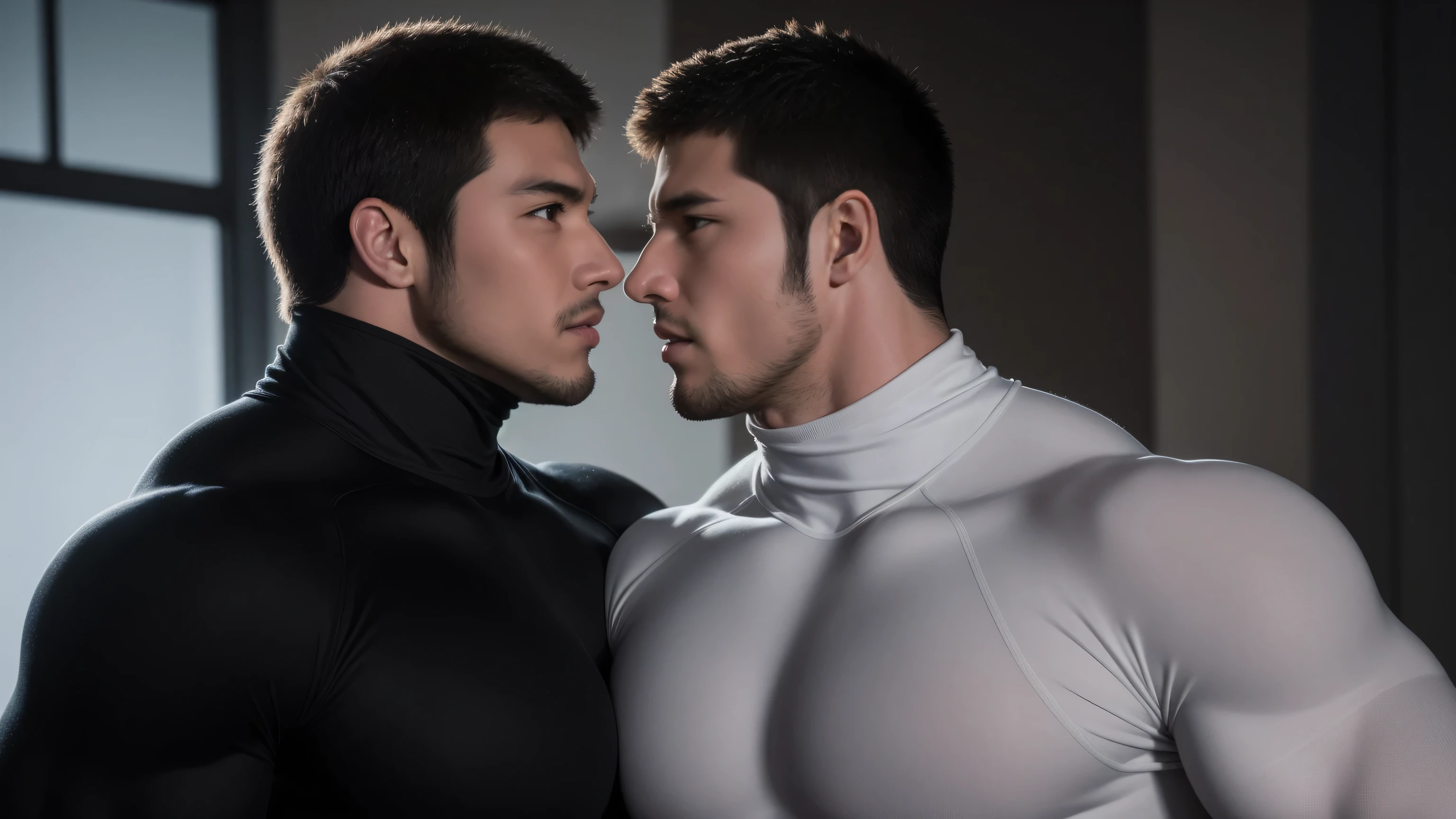 Super muscular man hugging, kissing and caressing, Open mouth and scream,Look at each other affectionately,They hugged each other affectionately,Buzz Cut,In a luxurious and noble mansion, Wear a long-sleeved light grey turtleneck tights, Thickened warm elastic texture,Clothes are very dirty with mud stains,The expression is arrogant, Thick thighs, Messy hair, Thick thighs, High collar long sleeve light grey turtleneck tights, very tight, Regular symmetrical pattern, Highlight muscles, Police uniform pants, character concept(Resident Evil - Chris Redfield, Chris Redfield)A proud expression, Deep and charming eyes, Heroic male pose, tall Burly, muscular!muscular thighs, tough guy, perfect facial features, High, Burly, Heqiang, Super polished and cool, High Resolution Committee, Charismatic, The sun shines through the customers