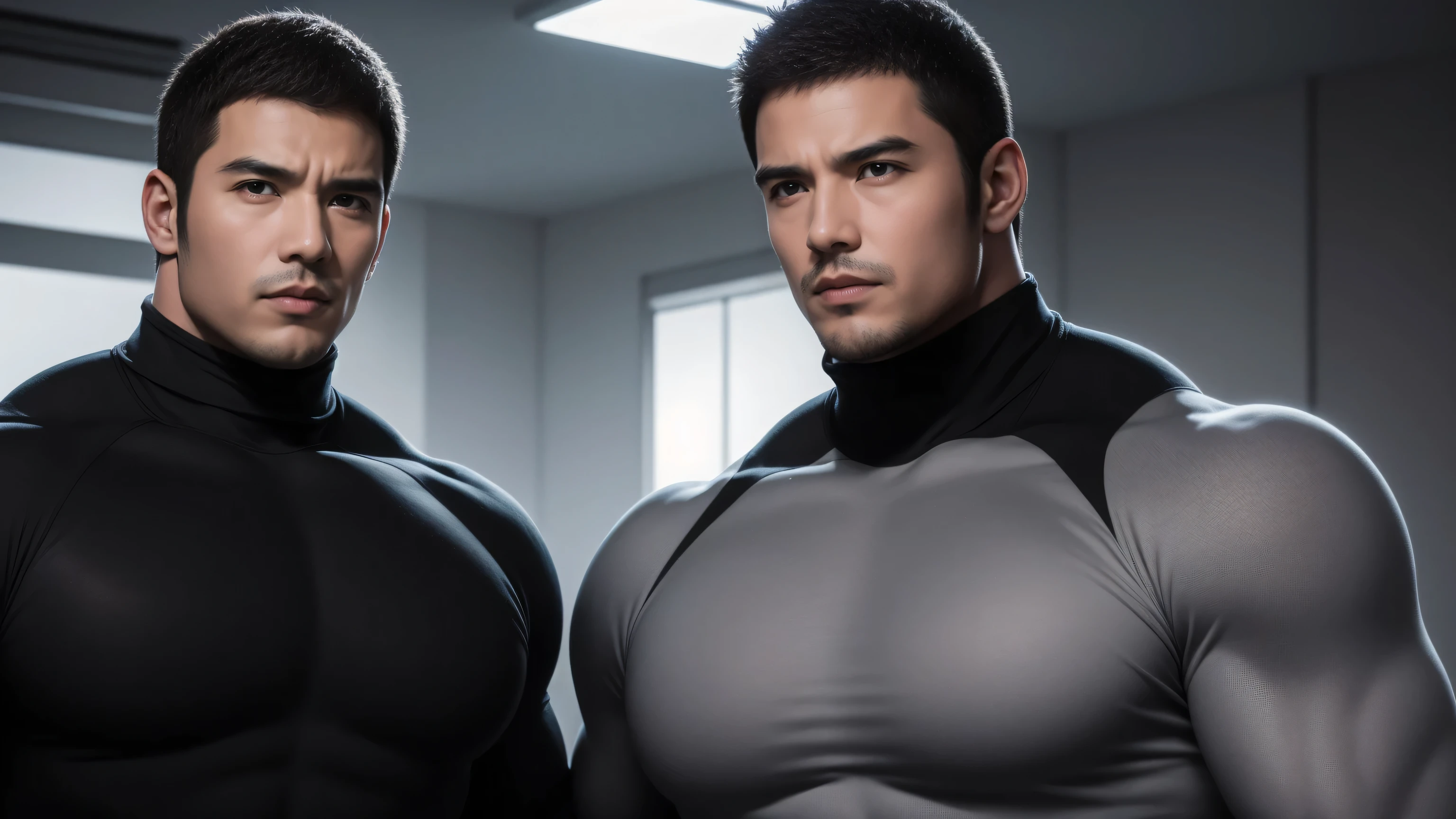 Super muscular man hugging, kissing and caressing,  Open mouth and scream，Look at each other affectionately，They hugged each other affectionately，Buzz Cut，In a luxurious and noble mansion, Wear a long-sleeved light grey turtleneck tights, Thickened warm elastic texture，Clothes are very dirty with mud stains，The expression is arrogant, High collar long sleeve light grey turtleneck tights, very tight, Regular symmetrical pattern, Highlight muscles, Police uniform pants, character concept（Resident Evil - Chris Redfield, Chris Redfield）A proud expression, Deep and charming eyes, Heroic male pose, tall Burly, muscular！muscular thighs, tough guy, perfect facial features, High, Burly, Heqiang, Super polished and cool, High Resolution Committee, Charismatic, The sun shines through the customers