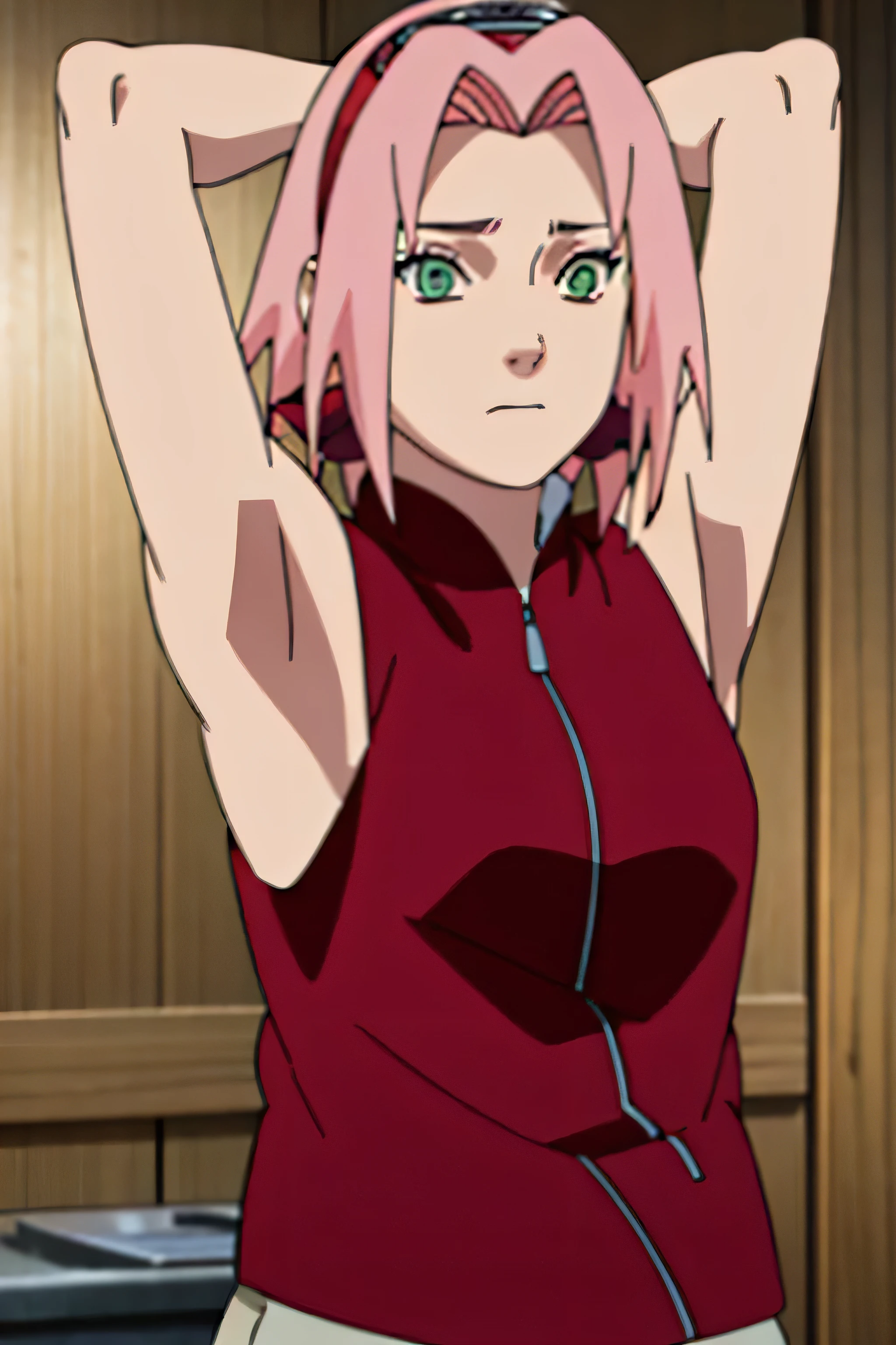 sakura haruno, sleeveless, red jacket, forehead protector, konohagakure symbol, arms behind head, armpits, showing armpits, posing, green eyes, perfect proportions, sakura shippuden