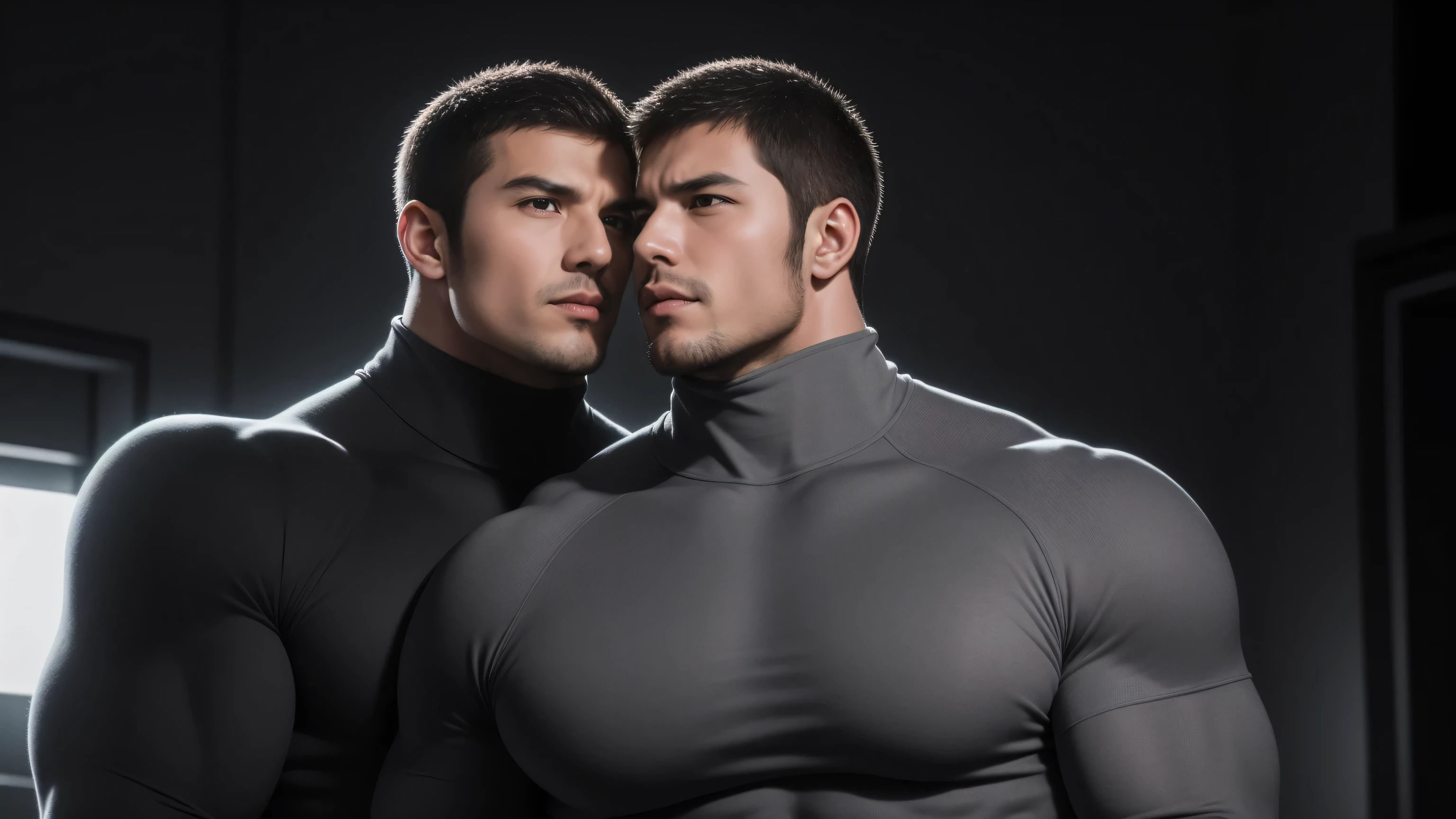 Super muscular man hugging, kissing and caressing,  Open mouth and scream，Look at each other affectionately，They hugged each other affectionately，Buzz Cut，In a luxurious and noble mansion, Wear a long-sleeved light grey turtleneck tights, Thickened warm elastic texture，Clothes are very dirty with mud stains，The expression is arrogant, High collar long sleeve light grey turtleneck tights, very tight, Regular symmetrical pattern, Highlight muscles, Police uniform pants, character concept（Resident Evil - Chris Redfield, Chris Redfield）A proud expression, Deep and charming eyes, Heroic male pose, tall Burly, muscular！muscular thighs, tough guy, perfect facial features, High, Burly, Heqiang, Super polished and cool, High Resolution Committee, Charismatic, The sun shines through the customers