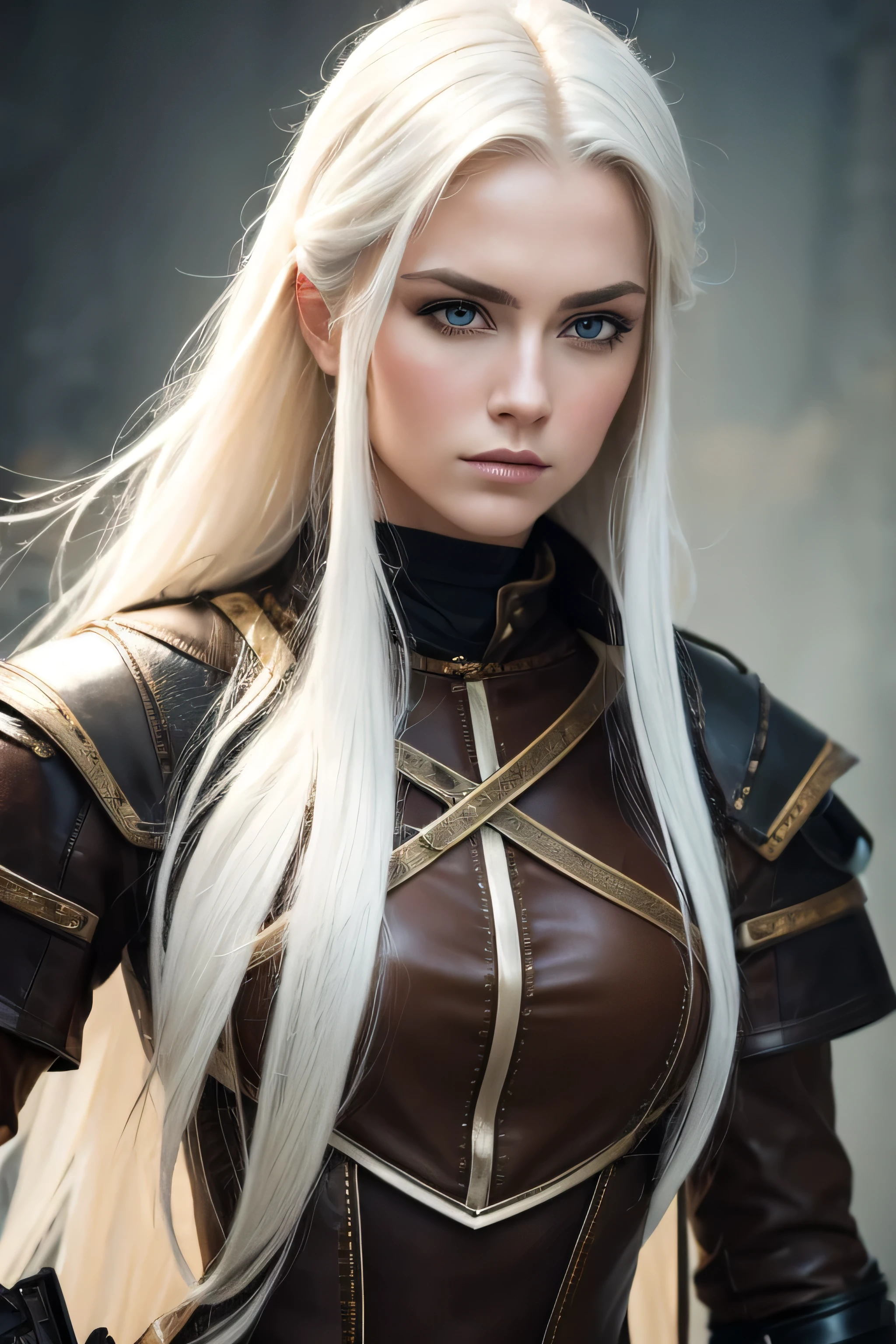 1 female medival ranger, long white hair, wearing leather, 25 years old, absurdres, high res, ultrasharp, 8K, masterpiece, the image should be of absurd resolution and high detail. It should be ultra-sharp and available in 8K resolution, representing a masterpiece in image quality.