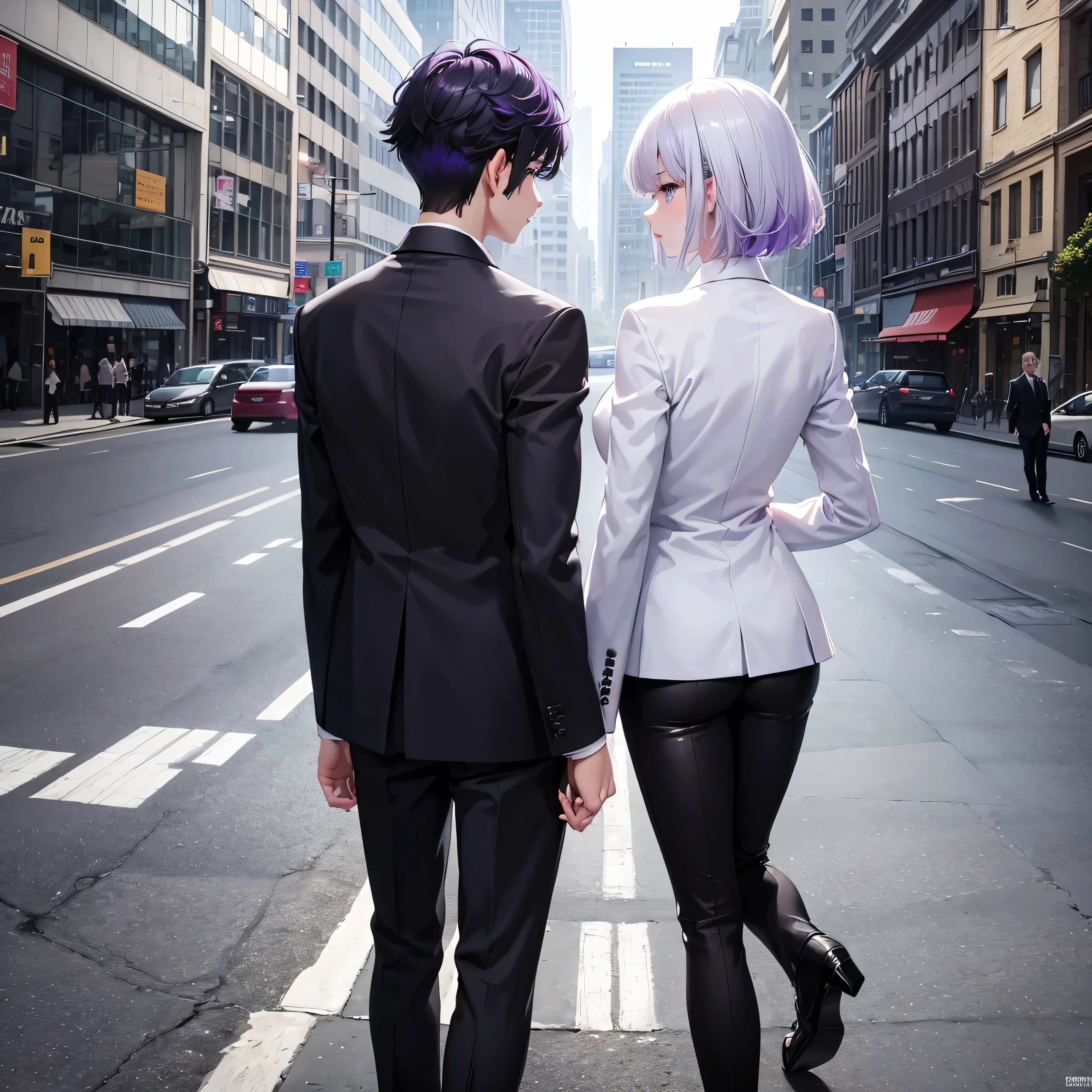 1boy, 1girl, short purple hair boy, short white hair girl, white eyes, wearing all black suit together, city, absurdres, high res, ultrasharp, 8K, masterpiece, looking at viewer from behind