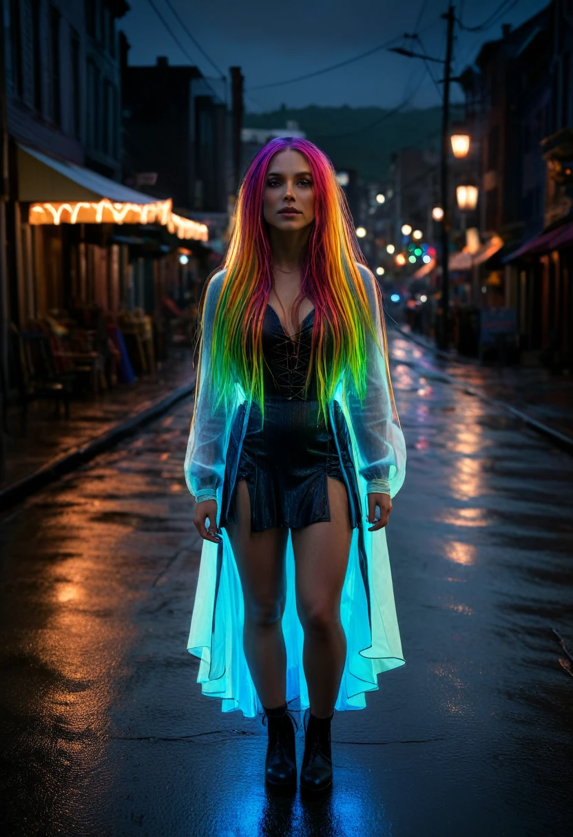 thirty year old witch, 160lbs, rainy city street at night, spellcasting pose, casting a spell, long hair, rainbow bright hrglw, (full body shot 1.0), perfect anatomy, cinematic photo (glowing_hair:1.9), realistic, professional photography, (real lighting:1.2), (realistic lighting:1.5), (real ilumination:1.2), (realistic ilumination:1.5), (shadows:1.2),(real shadows), (atmospheric light:1.2), 35mm photograph, film, bokeh, professional, 4k, highly detailed