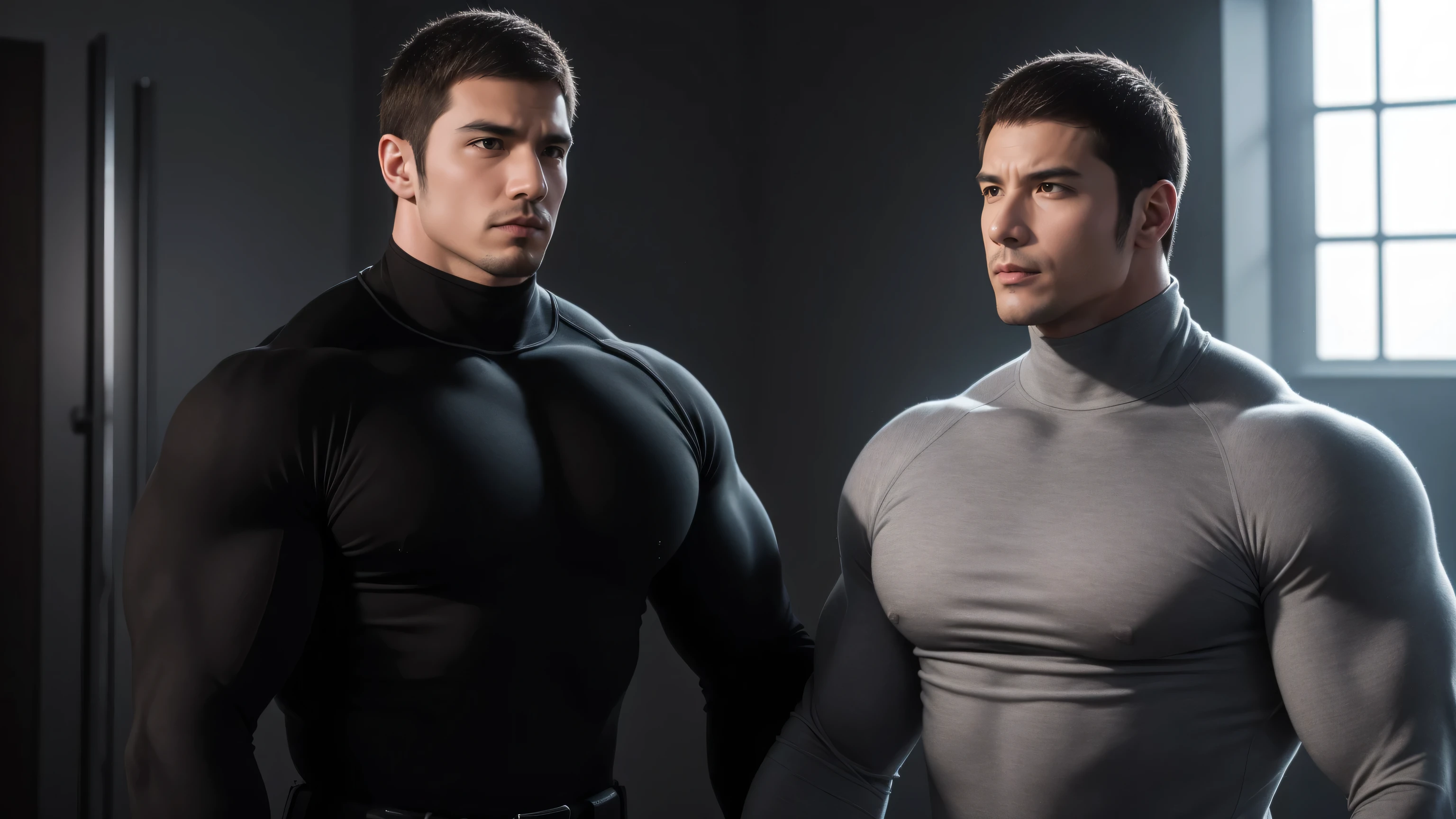 Super muscular man hugging, kissing and caressing,  Open mouth and scream，Look at each other affectionately，They hugged each other affectionately，Buzz Cut，In a luxurious and noble mansion, Wear a long-sleeved light grey turtleneck tights, Thickened warm elastic texture，Clothes are very dirty with mud stains，The expression is arrogant, High collar long sleeve light grey turtleneck tights, very tight, Regular symmetrical pattern, Highlight muscles, Police uniform pants, character concept（Resident Evil - Chris Redfield, Chris Redfield）A proud expression, Deep and charming eyes, Heroic male pose, tall Burly, muscular！muscular thighs, tough guy, perfect facial features, High, Burly, Heqiang, Super polished and cool, High Resolution Committee, Charismatic, The sun shines through the customers