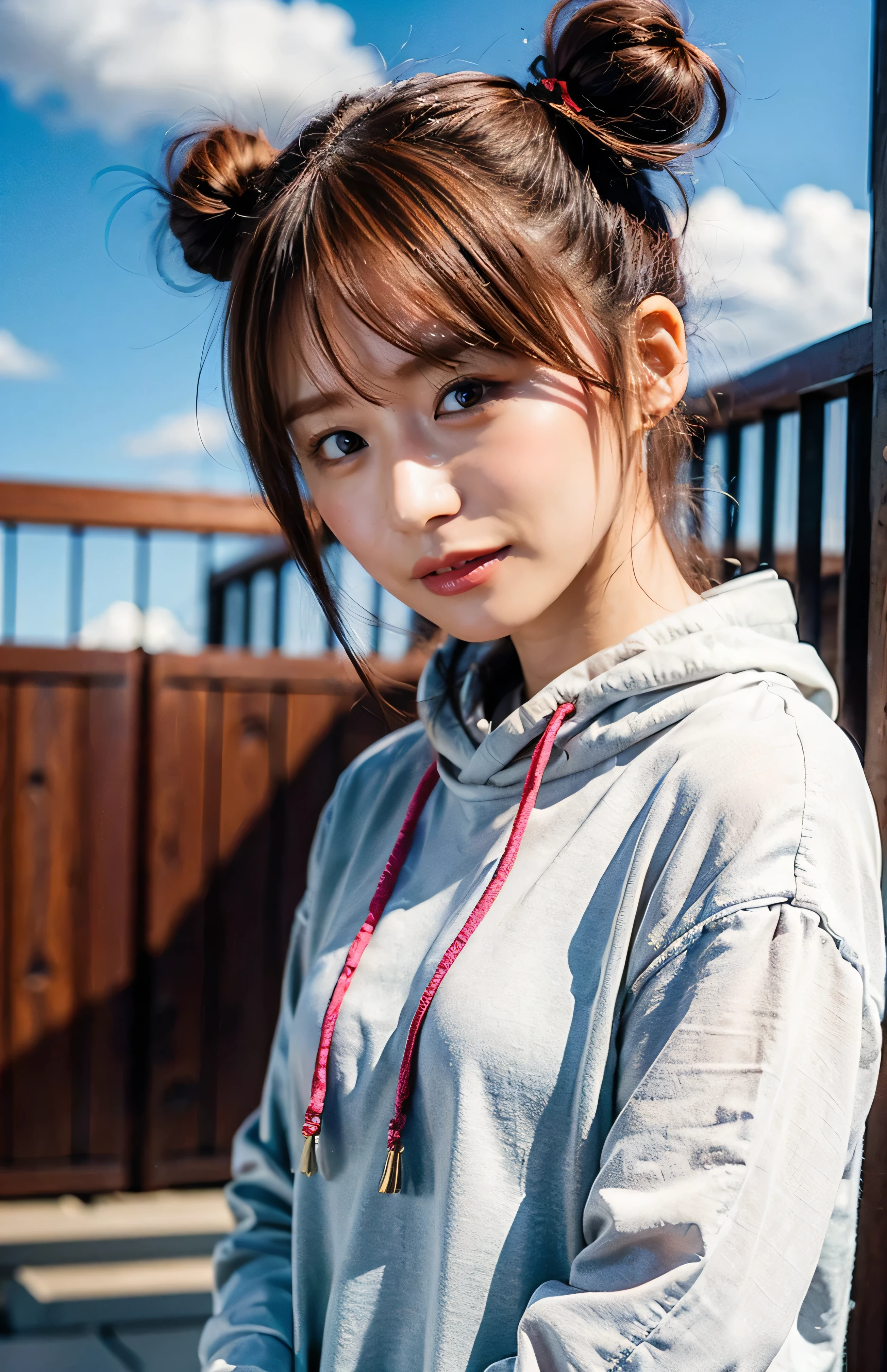 (8K、Raw photo、highest quality、masterpiece:1.3)、(realistic、Photoreal)、(very big breasts:1.2)、perfect limbs、fashionable clothes、Clothing that suits the city、(adidas tracksuits:1.3)、table up、zoom in、Upper body