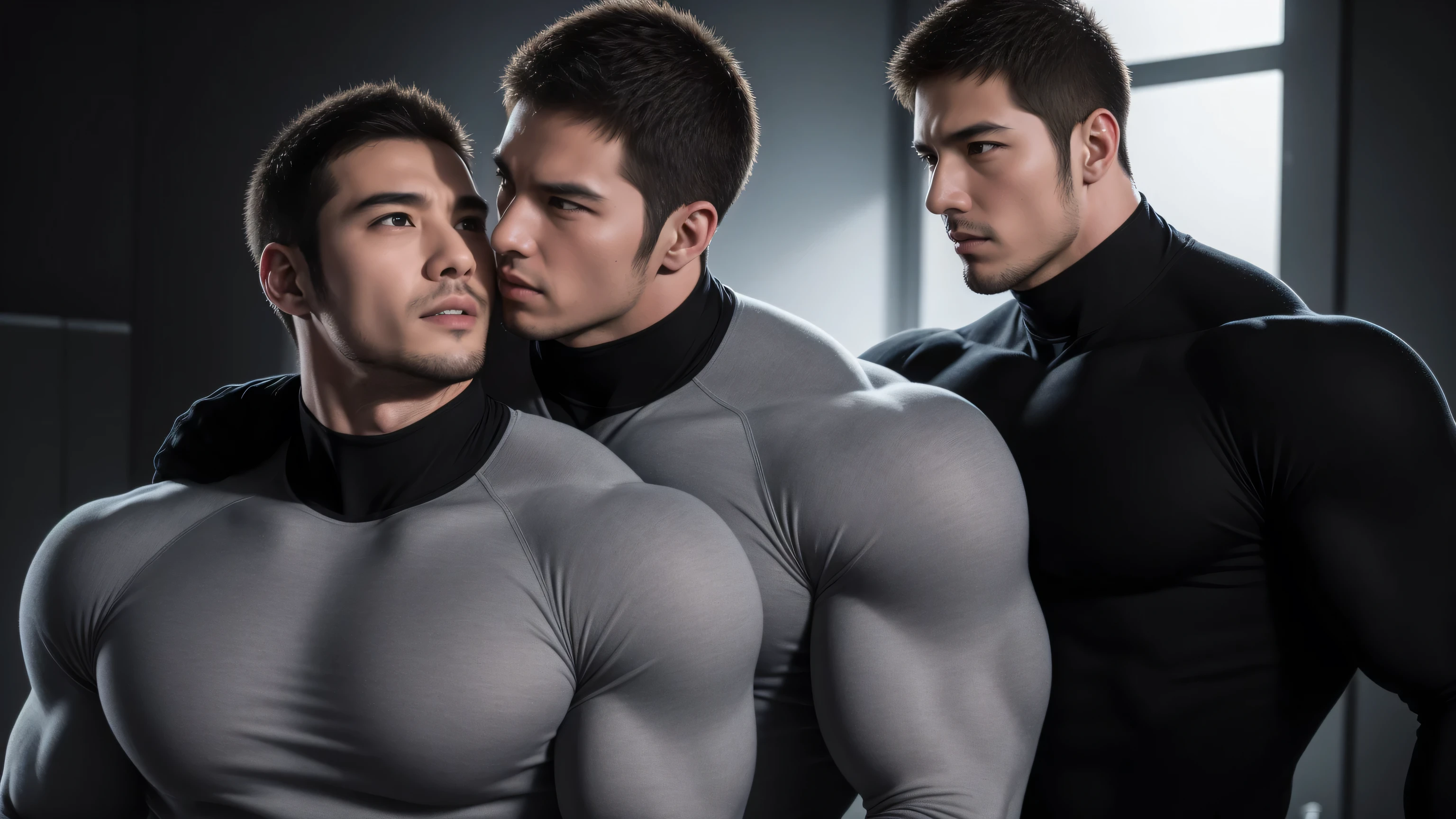 Super muscular man hugging, kissing and caressing,  Open mouth and scream，Look at each other affectionately，They hugged each other affectionately，Buzz Cut，In a luxurious and noble mansion, Wear a long-sleeved light grey turtleneck tights, Thickened warm elastic texture，Clothes are very dirty with mud stains，The expression is arrogant, High collar long sleeve light grey turtleneck tights, very tight, Regular symmetrical pattern, Highlight muscles, Police uniform pants, character concept（Resident Evil - Chris Redfield, Chris Redfield）A proud expression, Deep and charming eyes, Heroic male pose, tall Burly, muscular！muscular thighs, tough guy, perfect facial features, High, Burly, Heqiang, Super polished and cool, High Resolution Committee, Charismatic, The sun shines through the customers