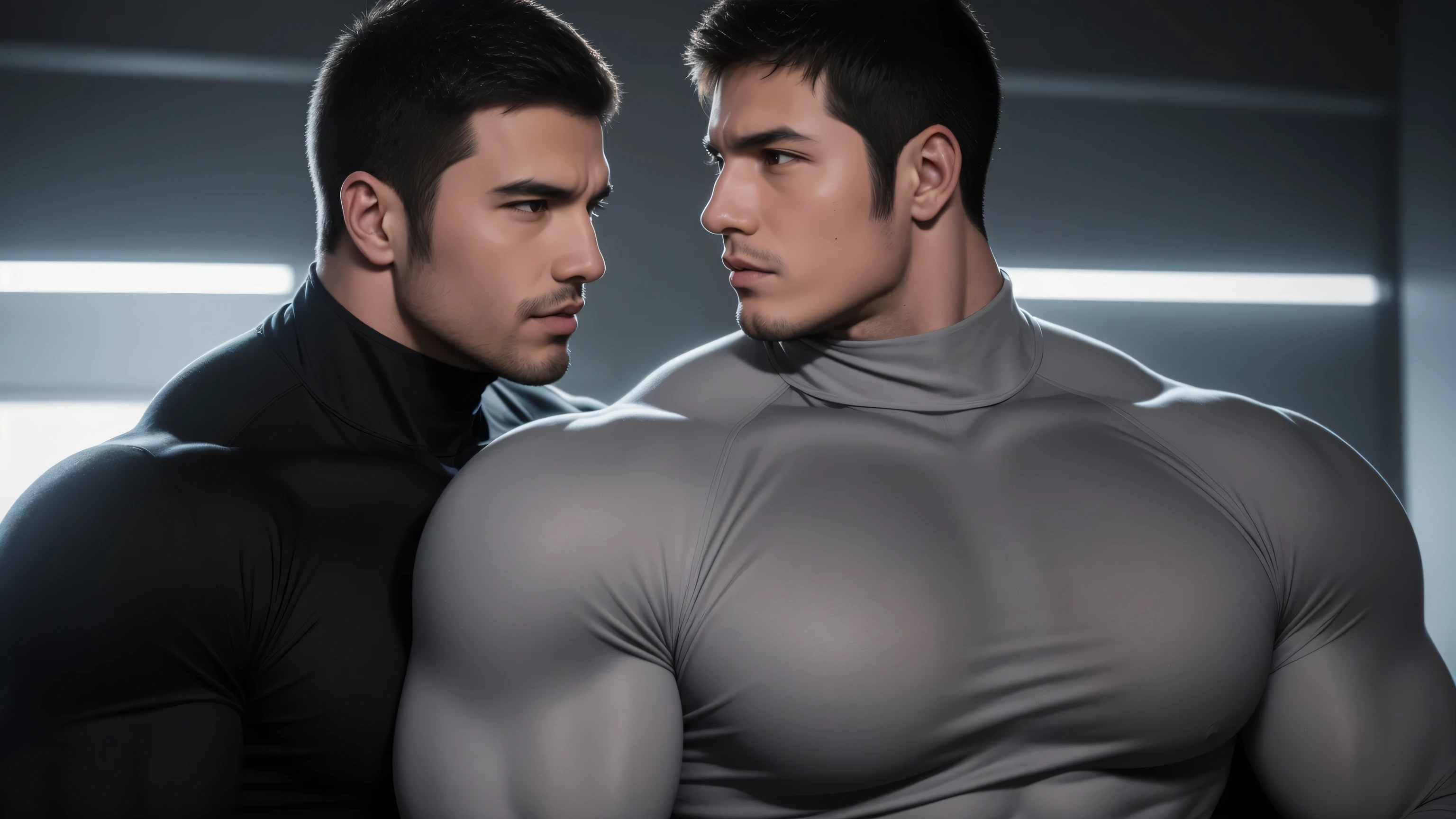 Super muscular man hugging, kissing and caressing,  Open mouth and scream，Look at each other affectionately，They hugged each other affectionately，Buzz Cut，In a luxurious and noble mansion, Wear a long-sleeved light grey turtleneck tights, Thickened warm elastic texture，Clothes are very dirty with mud stains，The expression is arrogant, High collar long sleeve light grey turtleneck tights, very tight, Regular symmetrical pattern, Highlight muscles, Police uniform pants, character concept（Resident Evil - Chris Redfield, Chris Redfield）A proud expression, Deep and charming eyes, Heroic male pose, tall Burly, muscular！muscular thighs, tough guy, perfect facial features, High, Burly, Heqiang, Super polished and cool, High Resolution Committee, Charismatic, The sun shines through the customers