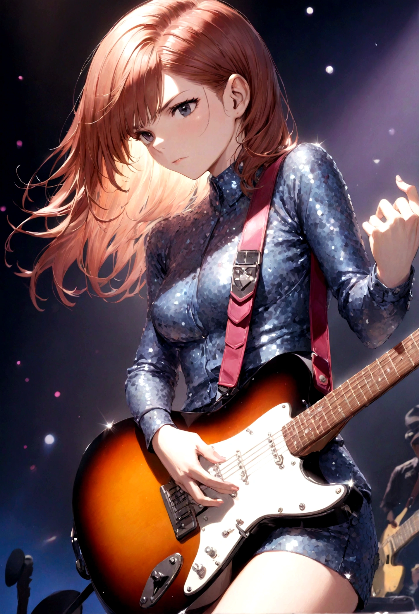 (Kate Mara (age 25), racy sequined outfit lots of skin showing, color coordinated guitar, doing a power ballad on guitar, show all of her