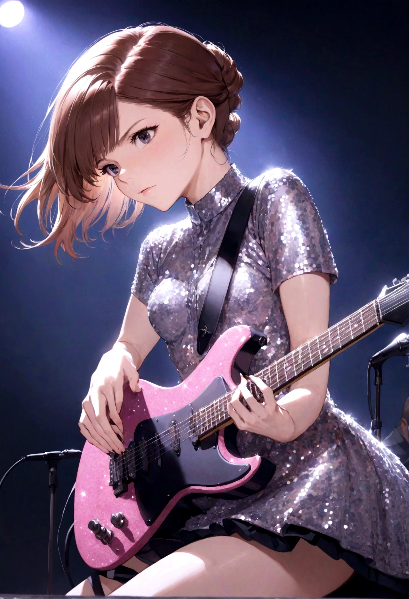 (Kate Mara (age 25), racy sequined outfit lots of skin showing, color coordinated guitar, doing a power ballad on guitar, show all of her