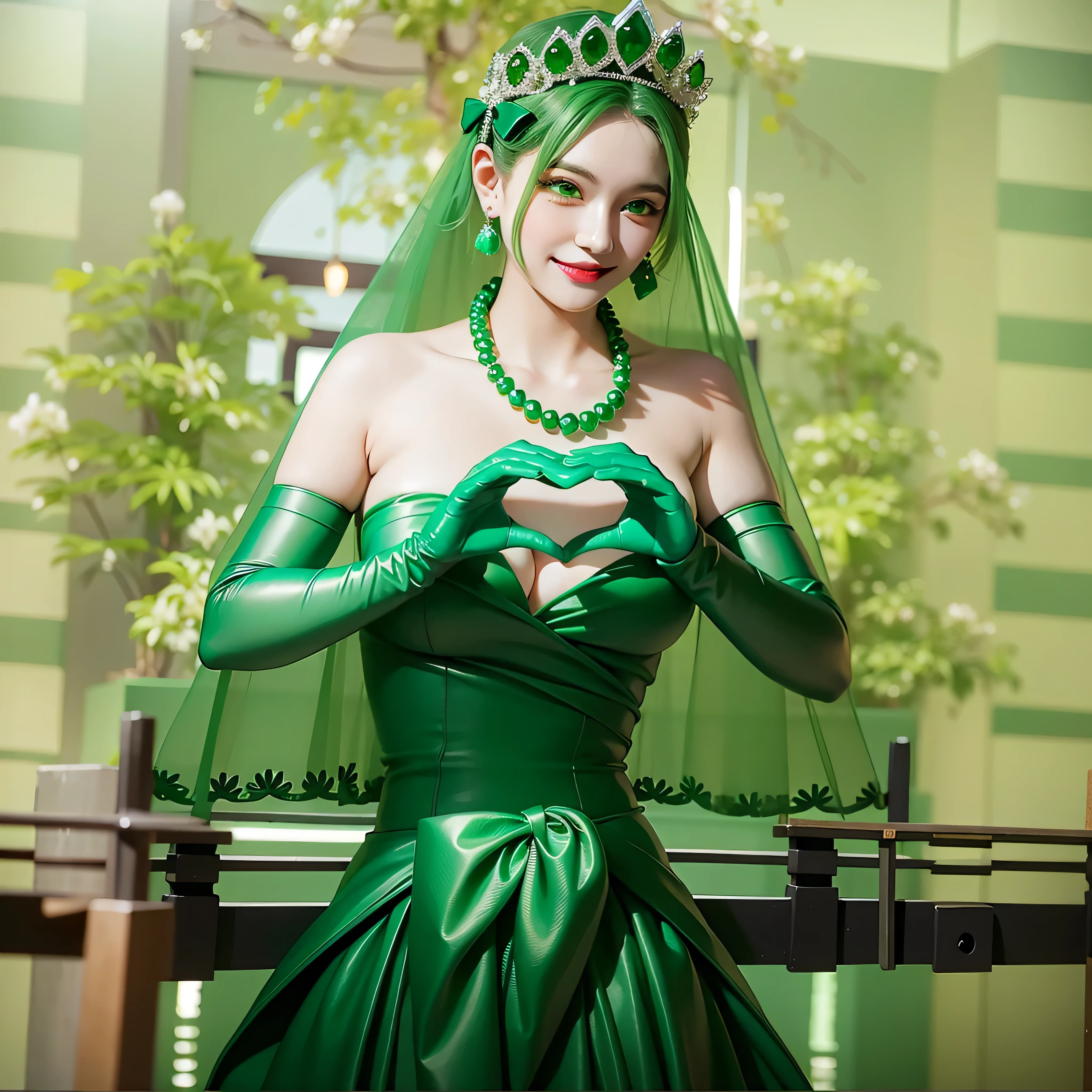 Emerald tiara, Green Pearl Necklace, Boyish very short green hair, Green Lips, Smiling Japanese woman, Very short hair, Busty beautiful lady, Green Eyes, Green satin long gloves, Green Eyes, Emerald Earrings, Green veil, Heart with both hands, Green Hair, Beautiful Japanese Women, Heart shaped hands:1.3, green lip gloss