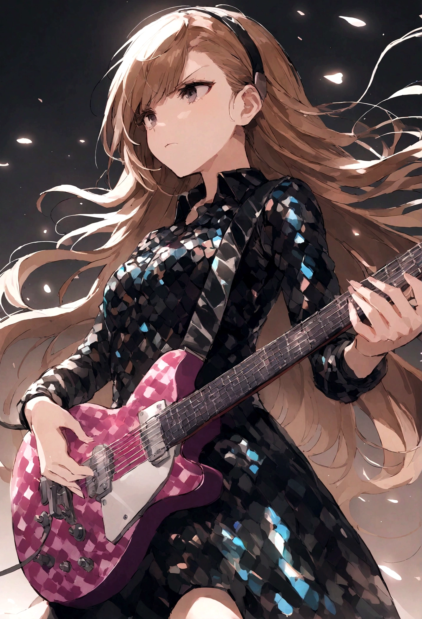 (Kate Mara (age 25), racy sequined outfit lots of skin showing, color coordinated guitar, doing a power ballad on guitar, show all of her