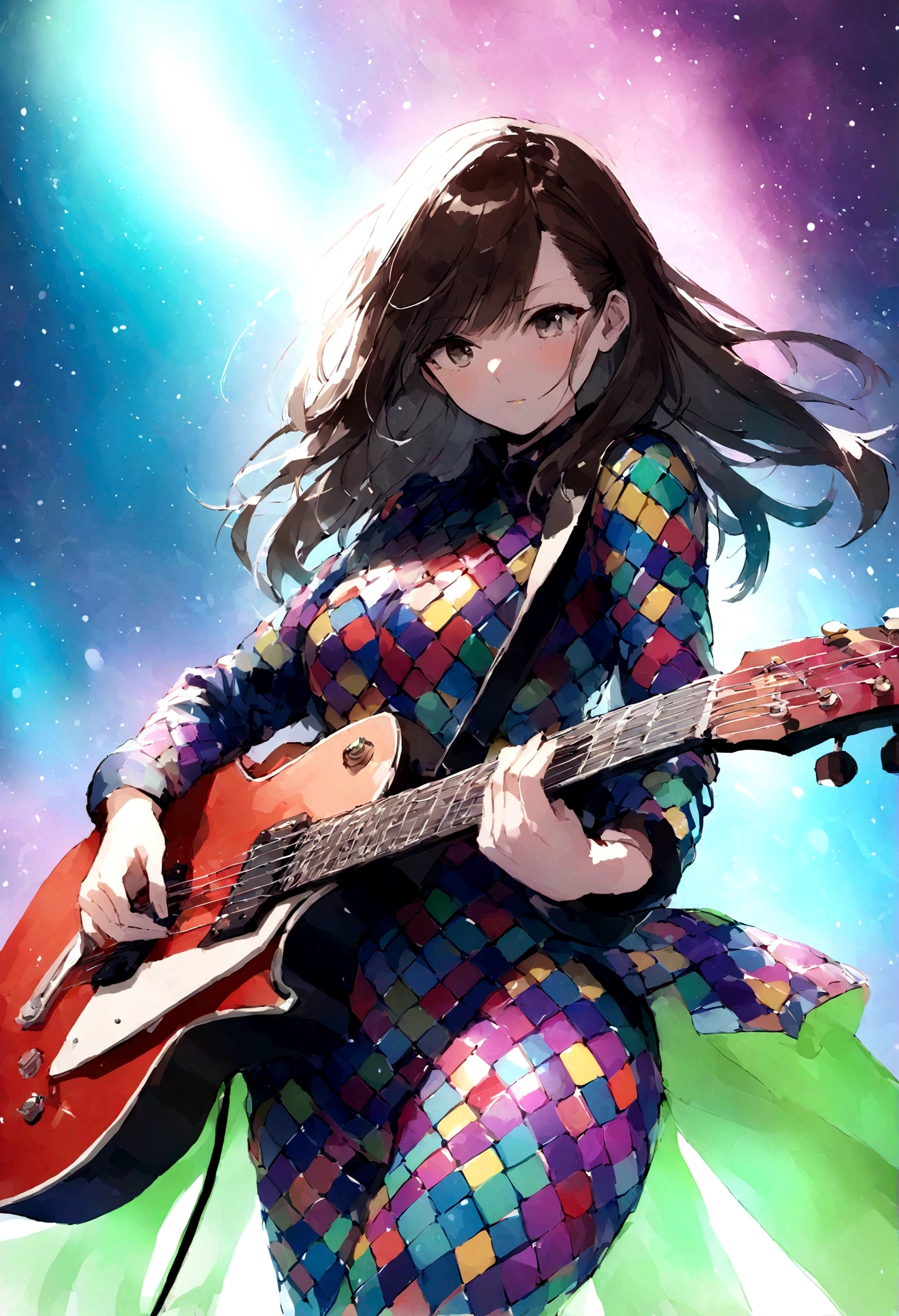 (Kate Mara (age 25), racy sequined outfit lots of skin showing, color coordinated guitar, doing a power ballad on guitar, show all of her