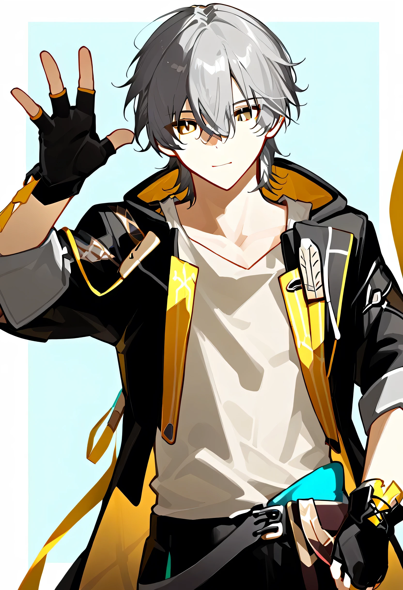 trailblazer_\(honkai:_star_rail\), caelus_\(honkai:_star_rail\), 1boy, grey_hair, short_hair, yellow_eyes, white_shirt, black_gloves, fingerless_gloves, black_jacket, hair_between_eyes, long_sleeves, open_jacket, bishounen