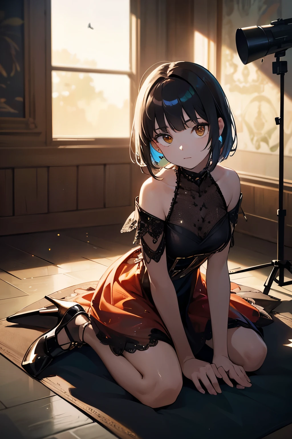 (8K, best quality, master piece: 1.2), super high resolution,1 cute girl,18yo,solo,ultra-detailed face, detailed eyes,Three white eyes,Brown eyes,Looking up,red rips,Famous models,Black Hair,Buzz cut,frog-sit on the floor,iridescent colored dress,the dress has a galaxy pattern,High heels,moody lighting,(indoors Photo studio)
