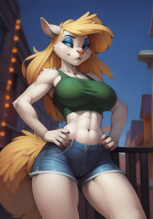 minerva, (ultradetailed), (highest quality), long hair, body, soft fluffy tail, big round breasts, slim waist, round hips, closeup, blue eyes, blue eyeshadow, masterpiece, (uploaded on e621), (((by wolfy-nail, by pixelsketcher, by smiju))), detailed fur, red crop top, jean shorts, blushing, hand on hip, at Mardi Gras