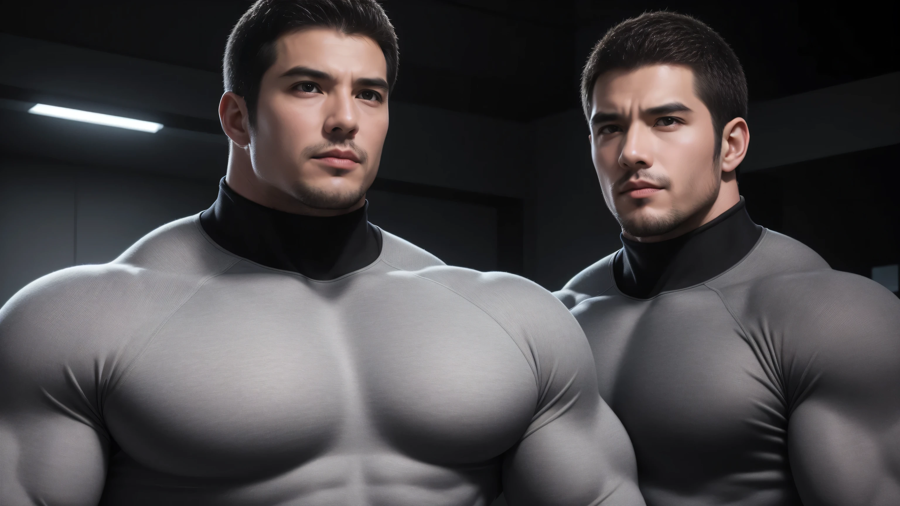 Super muscular man hugging,  Open mouth and scream，Look at each other affectionately，They hugged each other affectionately，Buzz Cut，On the old-style outdoor street under the hot sun, Wear a long-sleeved, deep turtleneck bodysuit, Thickened warm elastic texture，Clothes are very dirty with mud stains，The expression is arrogant, Thick thighs, Messy hair, Thick thighs, High-necked long-sleeved dark yellow high-necked tights, very tight, Regular symmetrical pattern, Highlight muscles, Police uniform pants, character concept（Resident Evil - Chris Redfield, Chris Redfield）A proud expression, Deep and charming eyes, Heroic male pose, tall Burly, muscular！muscular thighs, tough guy, perfect facial features, High, Burly, Heqiang, Super polished and cool, High Resolution Committee, Charismatic, The sun is blazing, dazzling