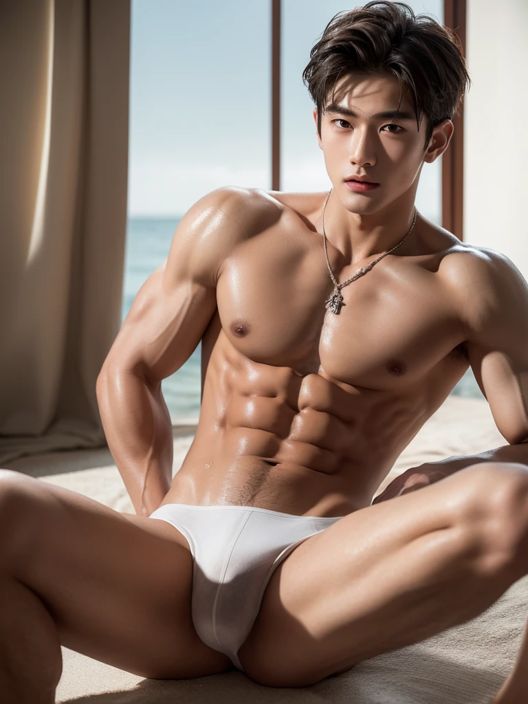 beach background, Very dirty Stain in his half thong, Very smooth armpits, Very detailed finger, don't merge body, Very young boy, ager boy, (photorealistic, masterpiece, best quality), white pale skin, muscular man, hunk, charming, attractive, wearing necklace in his neck, completely naked , Realistic, fully naked, nude, perfect , male , modeling for a photoshoot, editorial style, handsome man, detailed face, Topless, shirtless, 17 y, very young boy, Cinematic hard lighting illuminates a stunningly detailed and ultra-realistic handsome korean male supermodel, short hair, clear honey eyes, captivating perfect smile, sensual, hot man, insanely handsome, showing off his sweaty body, very sixpack muscular body build, slender, toned, full body, 8k, photography, masterpiece, detailed face, detailed eyes, detailed hands, sitting, spread legs, only wearing half thong, very wet body, very sweaty body, wearing thin half thong