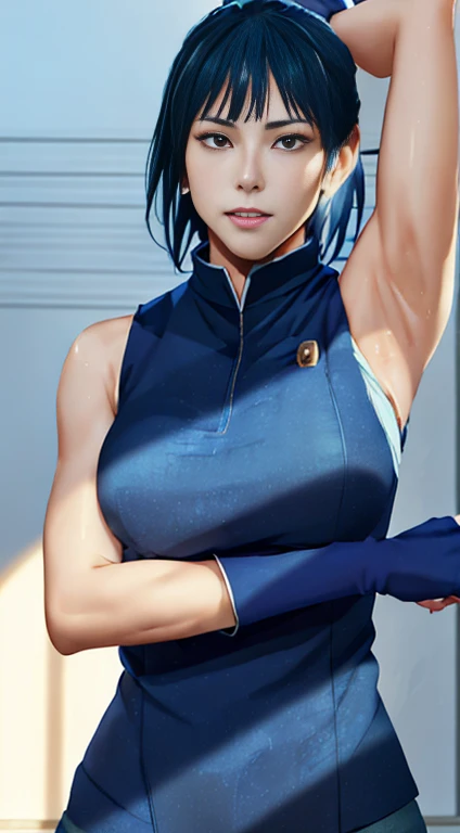1girl, cowboy shot, beautiful, maki zenin, blue uniform, bangs, volumetric lighting, best quality, masterpiece, intricate details, tonemapping, sharp focus, hyper detailed, trending on Artstation, realistic, japanese, sleeveless, armpits visible