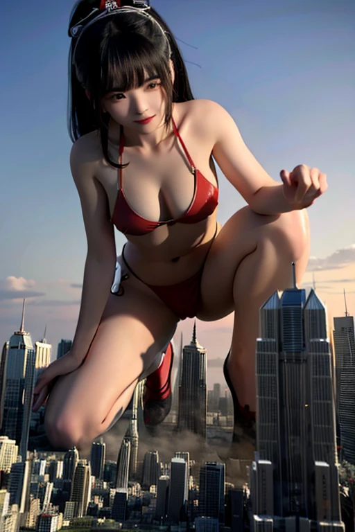 A Chinese woman wearing a red bikini, Height is 10,000,000 kilometers, Nano-Mini Endless City in the Micron Endless Continent World, She kneels on top of many nanoscale structures much smaller than herself, she feels happy and enjoys