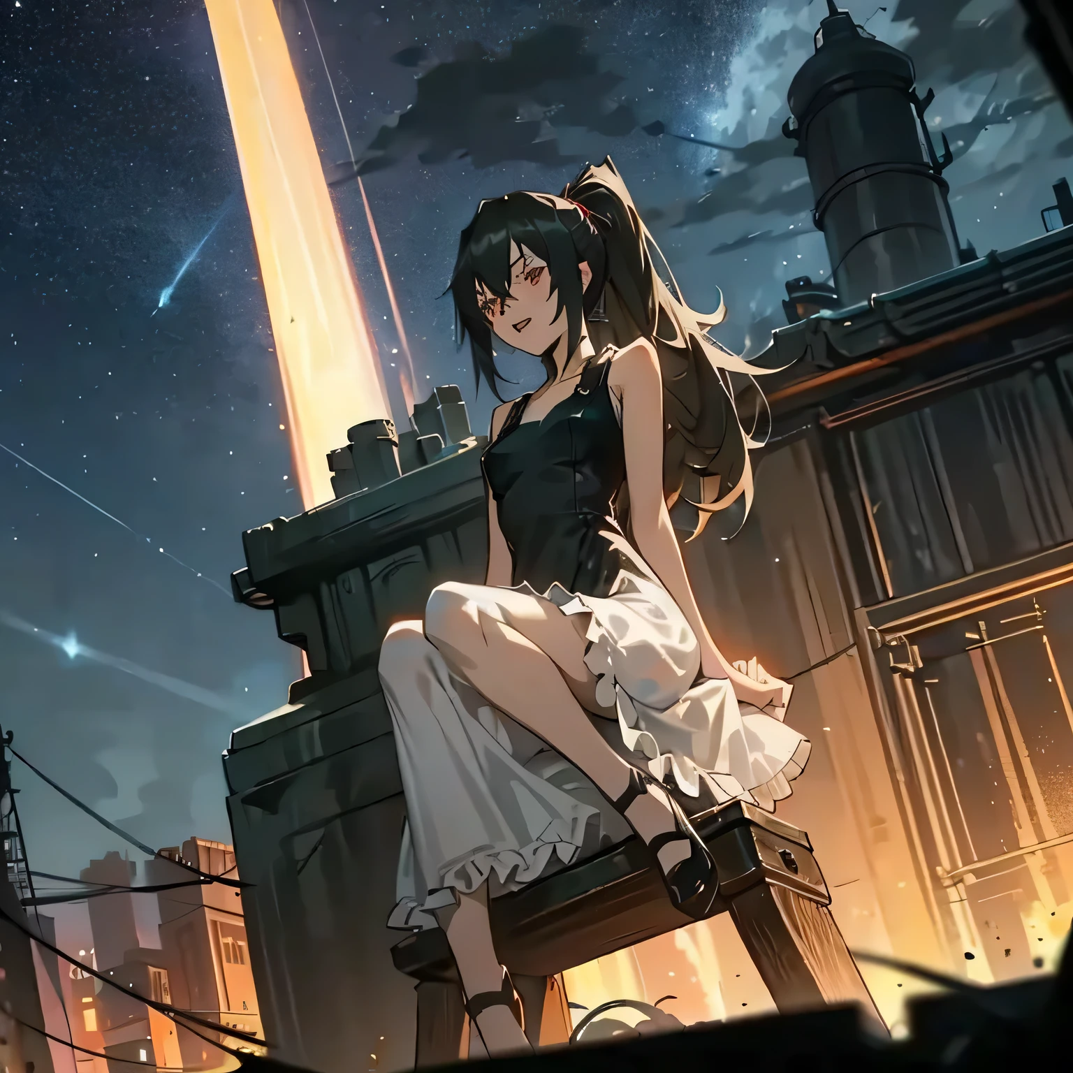 tifa lockhart, mksks style, (very detailed background:1.0), (highly detailed background:1.0), final fantasy vii remake, (red eyes), 1girl, bare shoulders, aqua dress, black hair, green dress, sleeveless dress , sundress, house, long hair, night, night sky, open mouth, outdoors, ponytail, sitting, sky, sleeveless, sleeveless dress, star (sky), starry sky, town, aged down, small breasts, ((white frills)), (white dress), 