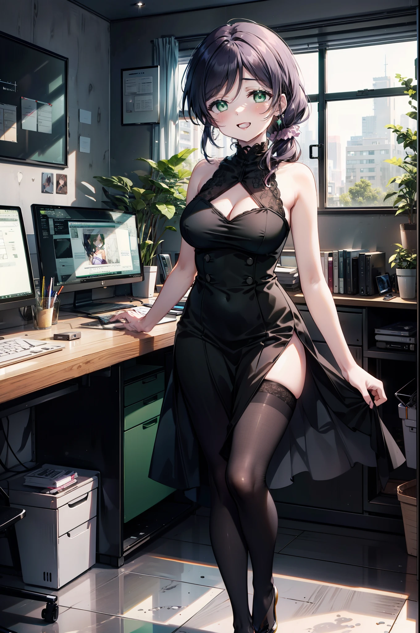 nozomitoujou, Nozomi-san always, (Green Eyes:1.5), Purple Hair, Long Hair, (Large Breasts:1.2),happy smile, smile,low ponytail,Low ponytail,Scrunchie,Open your mouth,Sleeveless dress,Long skirt,Black pantyhose,Stiletto heels,There is a computer on the table,walking,Daytime,Clear skies,whole bodyがイラストに入るように,
break looking at viewer,whole body,
break indoors, office,
break (masterpiece:1.2), highest quality, High resolution, unity 8k wallpaper, (figure:0.8), (Beautiful fine details:1.6), Highly detailed face, Perfect lighting, Highly detailed CG, (Perfect hands, Perfect Anatomy),