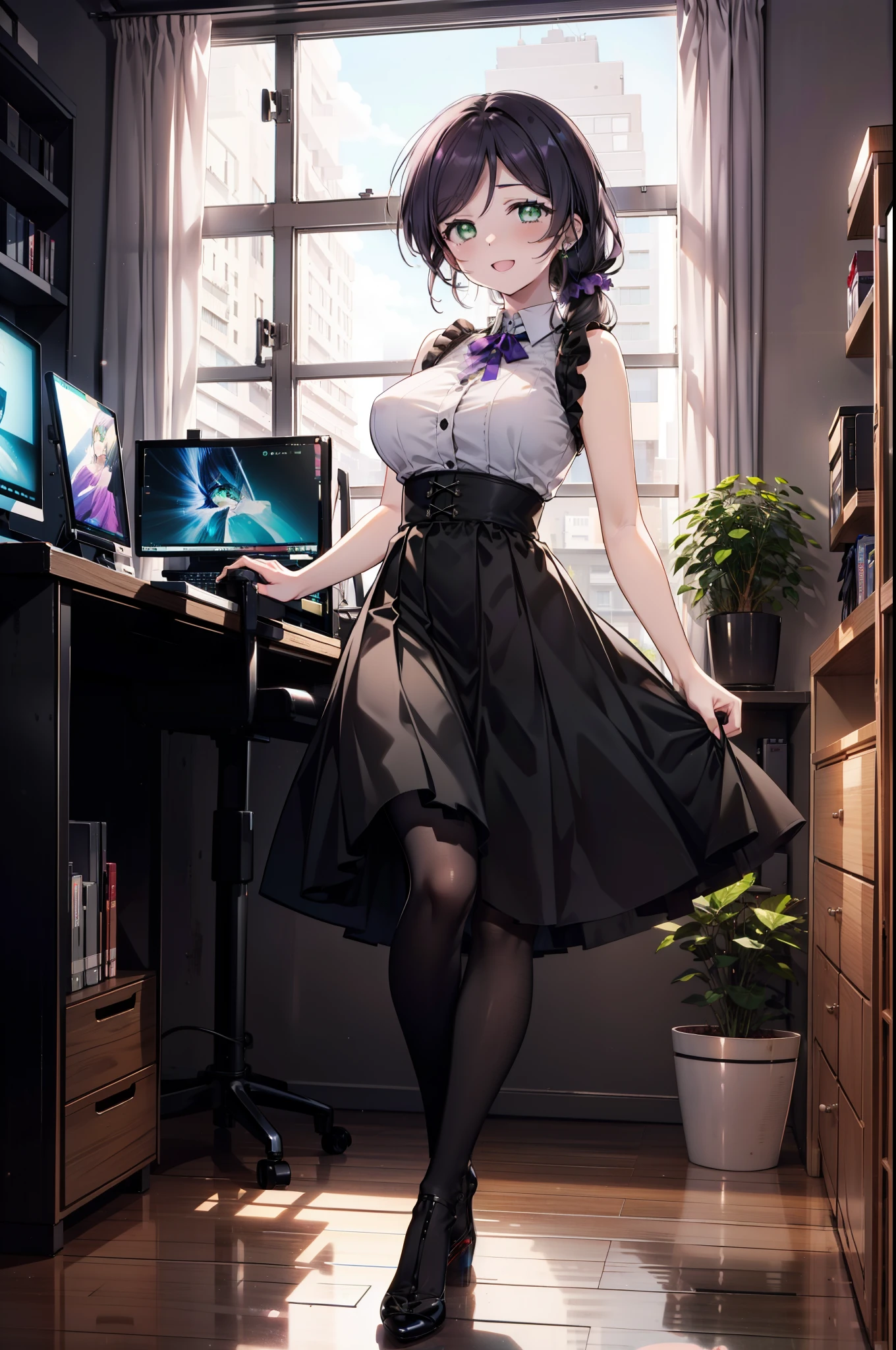 nozomitoujou, Nozomi-san always, (Green Eyes:1.5), Purple Hair, Long Hair, (Large Breasts:1.2),happy smile, smile,low ponytail,Low ponytail,Scrunchie,Open your mouth,Sleeveless dress,Long skirt,Black pantyhose,Stiletto heels,There is a computer on the table,walking,Daytime,Clear skies,whole bodyがイラストに入るように,
break looking at viewer,whole body,
break indoors, office,
break (masterpiece:1.2), highest quality, High resolution, unity 8k wallpaper, (figure:0.8), (Beautiful fine details:1.6), Highly detailed face, Perfect lighting, Highly detailed CG, (Perfect hands, Perfect Anatomy),