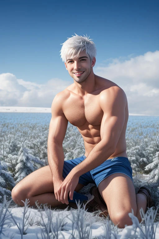 full body photorealistic handsome Hunky celestial shirtless Jack Frost, sitting on winter blue rose field smiling 