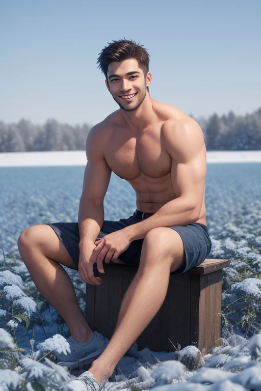 full body photorealistic handsome Hunky celestial shirtless Jack Frost, sitting on winter blue rose field smiling