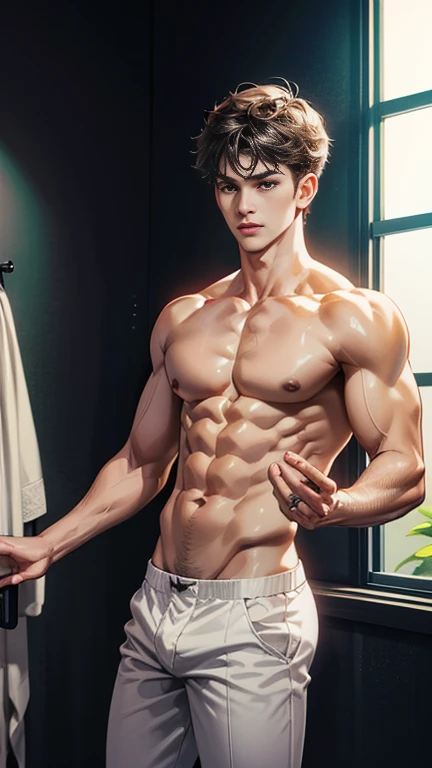 (absurderes, A high resolution, Ultra detailed, hdr), Masterpiece, Best quality, Handsome boy, Detailed face, Abs，Professional photo, The Alafed man is shirtless, Stand comfortably，standing on your feet，whole body picture，upper legs，small thighs，Long legs with their legs open, Focus on your audience,18 year old boy, Handsome boy, [ Firmly defined body ]，with fair skin，The light is even，Smooth shoulders，clavicle，Short broken hair，Youth，Slim young handsome guy，White  socks，The crotch protrudes，Eight-pack abs，high qulity，high detal，Handsome，Realiy，large bulge，The upper body is naked，bathroom， vivd colour， Sexual tension， Grease luster， cinmatic lighting ， wide angles， tmasterpiece， best qualtiy， ultra - detailed， 16k，