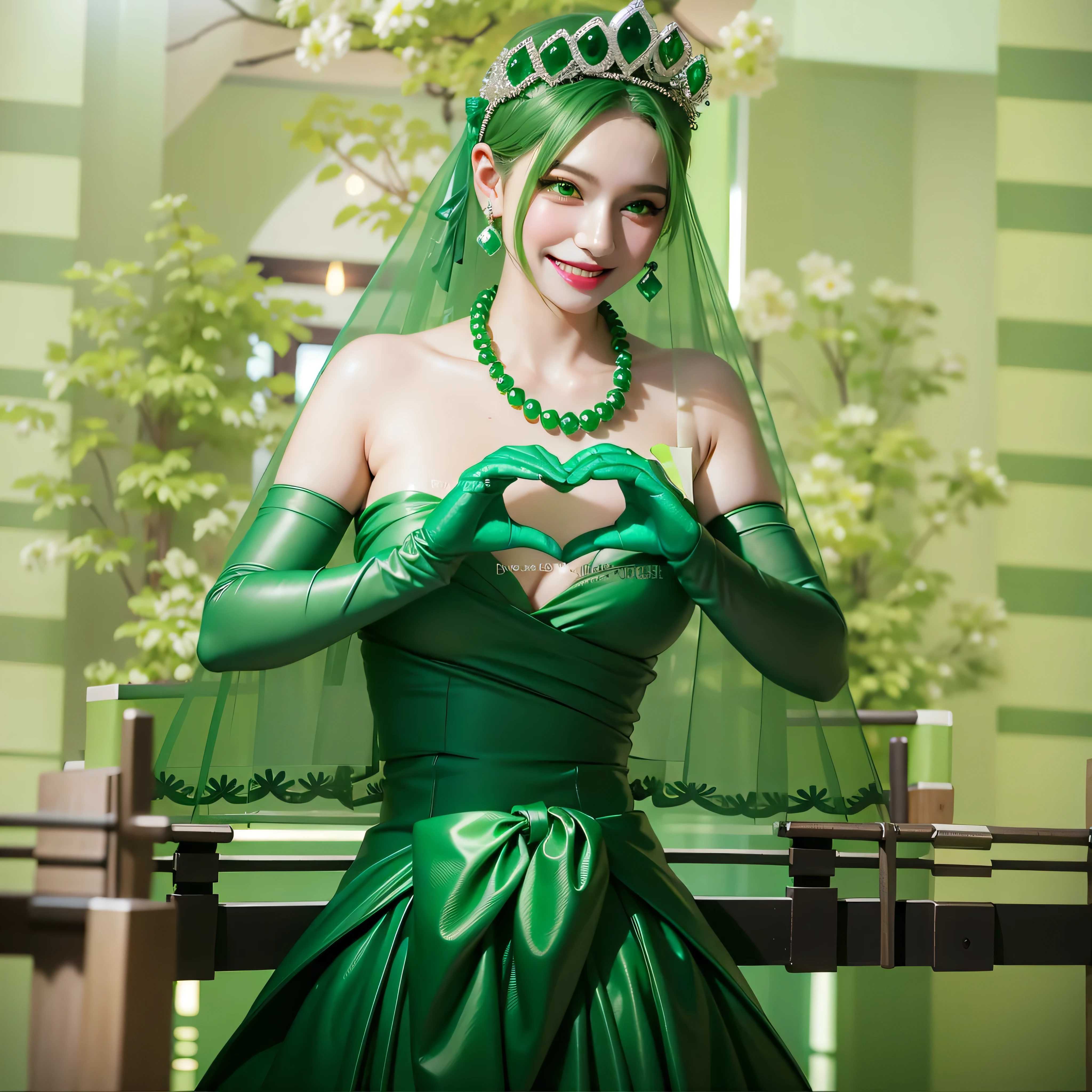 Emerald tiara, Green Pearl Necklace, Boyish very short green hair, Green Lips, Smiling Japanese woman, Very short hair, Busty beautiful lady, Green Eyes, Green satin long gloves, Green Eyes, Emerald Earrings, Green veil, Heart with both hands, Green Hair, Beautiful Japanese Women, Heart shaped hands:1.3, green lip gloss