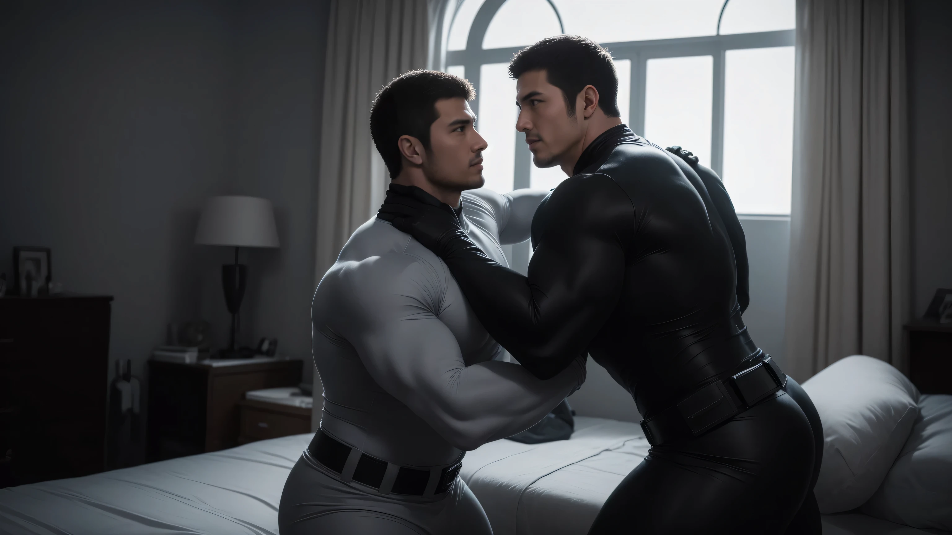 Super muscular man hugging, kissing and caressing,  Open mouth and scream，Look at each other affectionately，They hugged each other affectionately，Buzz Cut，In a luxurious and noble mansion, Wear a long-sleeved light grey turtleneck tights, Thickened warm elastic texture，Clothes are very dirty with mud stains，The expression is arrogant, High collar long sleeve light grey turtleneck tights, very tight, Regular symmetrical pattern, Highlight muscles, Police uniform pants, character concept（Resident Evil - Chris Redfield, Chris Redfield）A proud expression, Deep and charming eyes, Heroic male pose, tall Burly, muscular！muscular thighs, tough guy, perfect facial features, High, Burly, Heqiang, Super polished and cool, High Resolution Committee, Charismatic, The sun shines through the customers