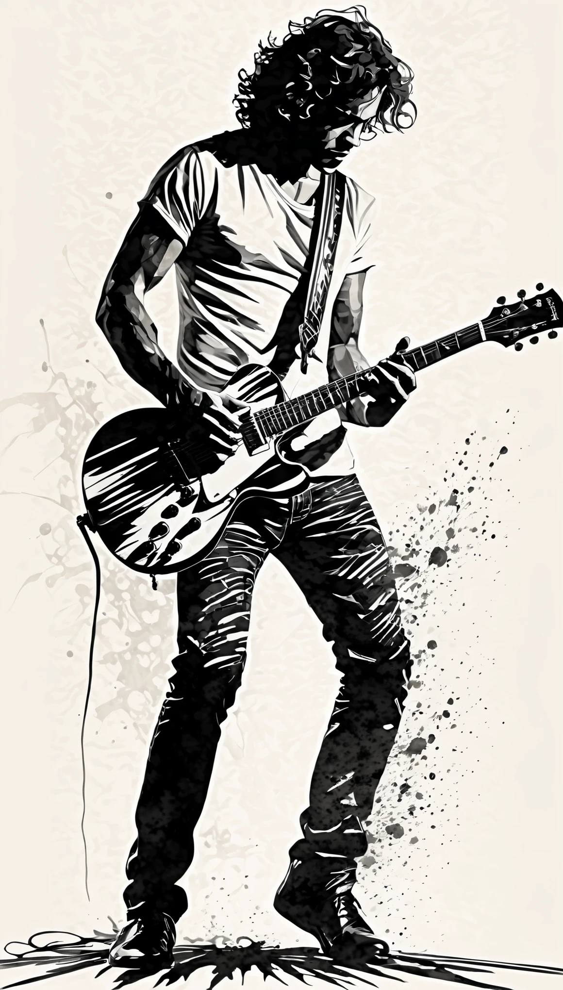 monochrome image style that combines silhouettes, shadow pictures and ink painting, Edward Van Halen, portrait of a man playing guitar, best quality, super fine, extremely detailed, delicate and dynamic
