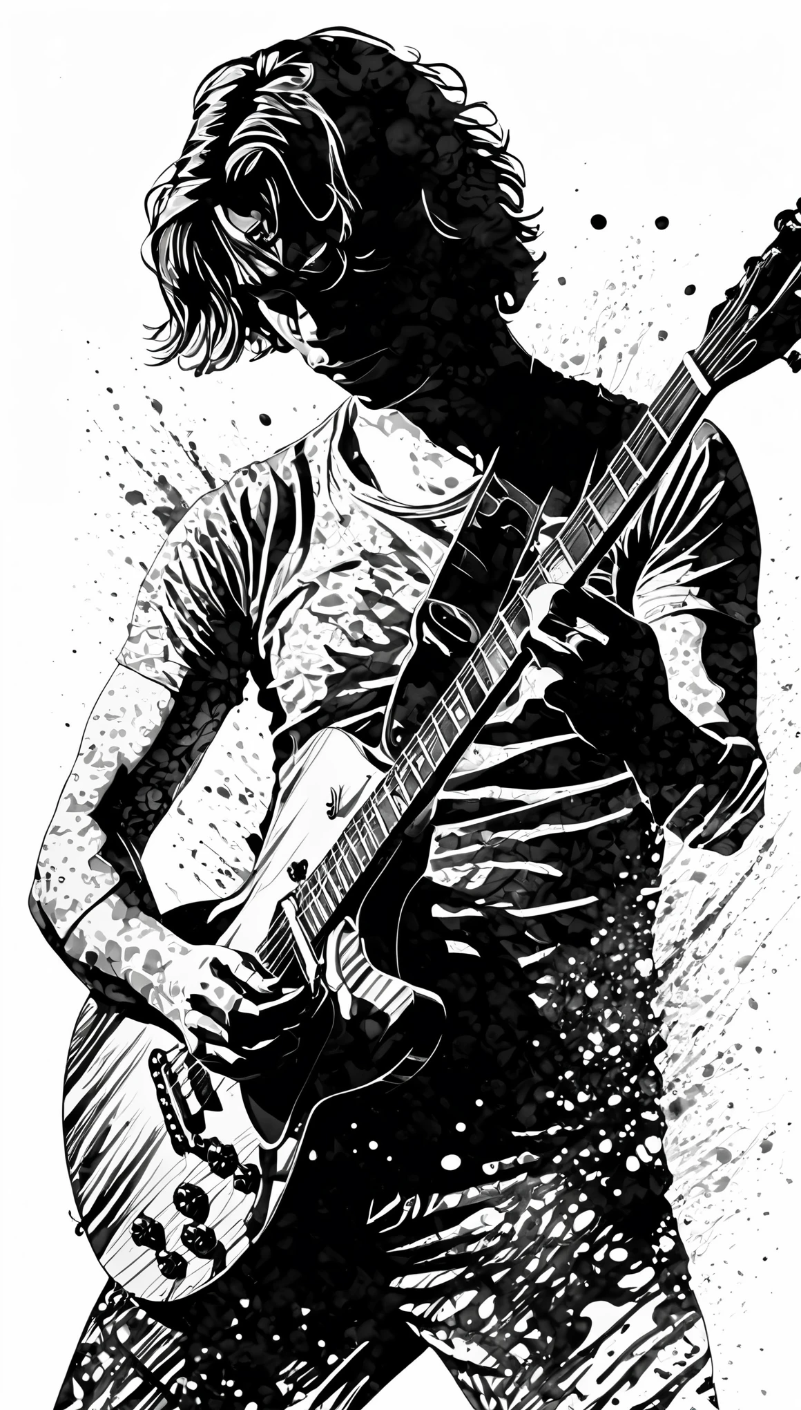 (Edward Van Halen:1.4), monochrome image style that combines silhouettes, shadow pictures and ink painting, portrait of a man playing guitar, best quality, super fine, extremely detailed, delicate and dynamic