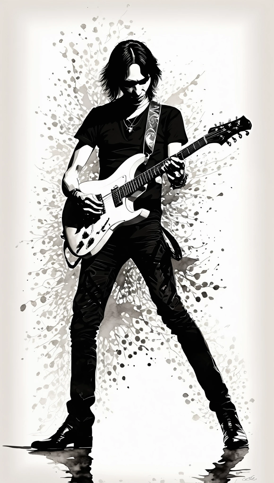 monochrome image style that combines silhouettes, shadow pictures and ink painting, Steve Vai, portrait of a man playing guitar, best quality, super fine, extremely detailed, delicate and dynamic