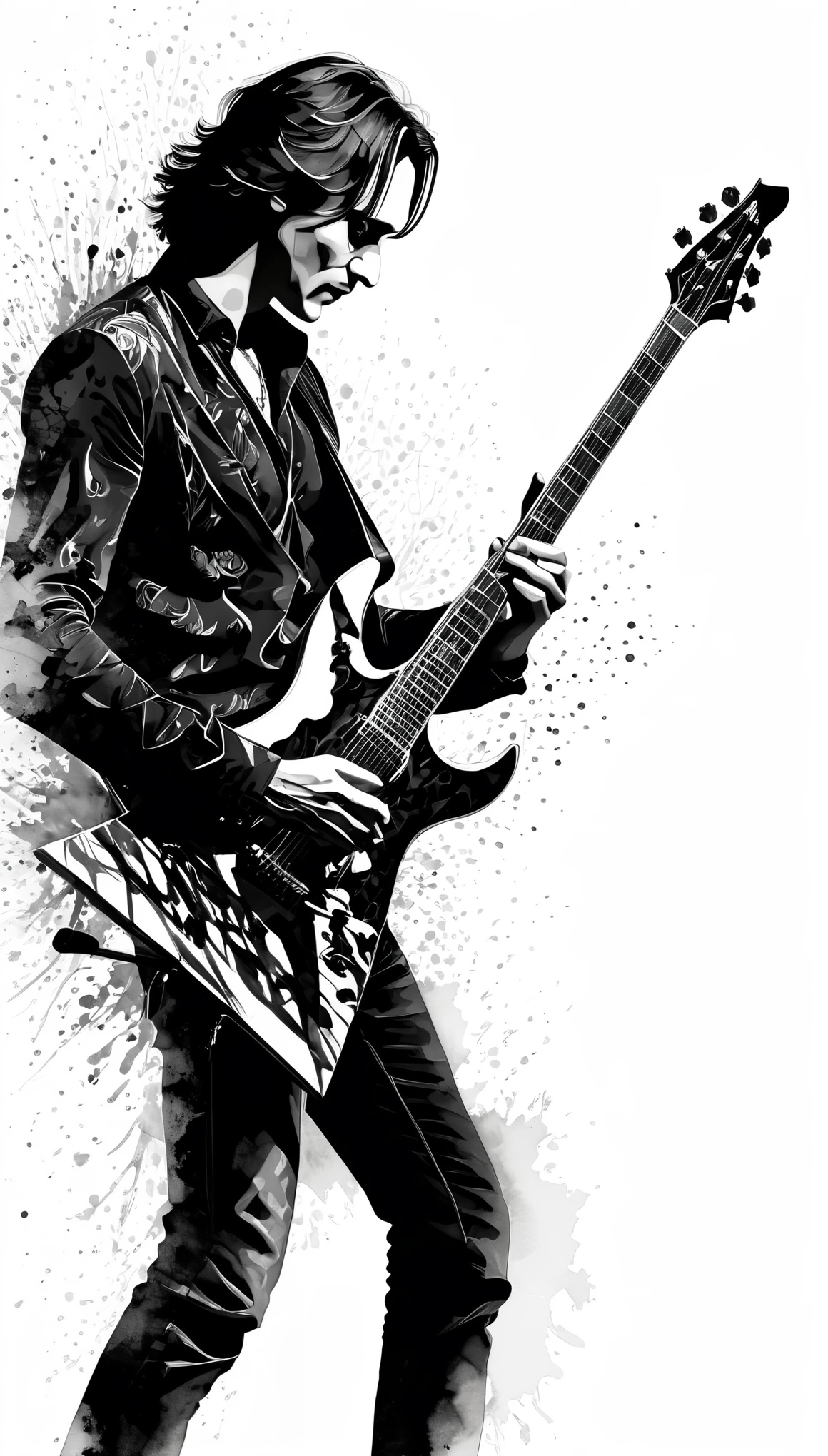 (Steve Vai:1.4), monochrome image style that combines silhouettes, shadow pictures and ink painting, portrait of a man playing guitar, best quality, super fine, extremely detailed, delicate and dynamic
