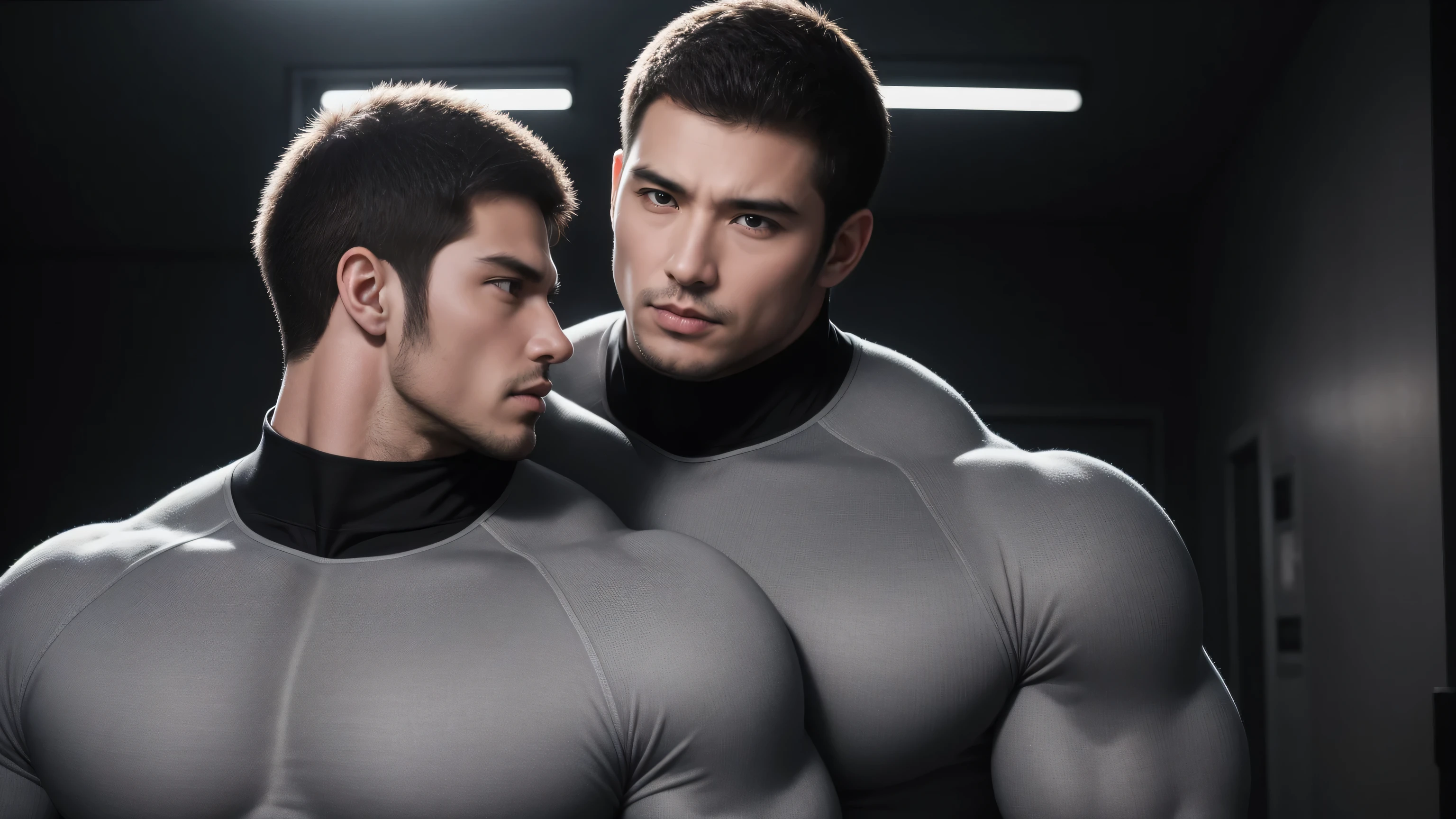Super muscular man hugging, kissing and caressing,  Open mouth and scream，Look at each other affectionately，They hugged each other affectionately，Buzz Cut，In a luxurious and noble mansion, Wear a long-sleeved light grey turtleneck tights, Thickened warm elastic texture，Clothes are very dirty with mud stains，The expression is arrogant, High collar long sleeve light grey turtleneck tights, very tight, Regular symmetrical pattern, Highlight muscles, Police uniform pants, character concept（Resident Evil - Chris Redfield, Chris Redfield）A proud expression, Deep and charming eyes, Heroic male pose, tall Burly, muscular！muscular thighs, tough guy, perfect facial features, High, Burly, Heqiang, Super polished and cool, High Resolution Committee, Charismatic, The sun shines through the customers