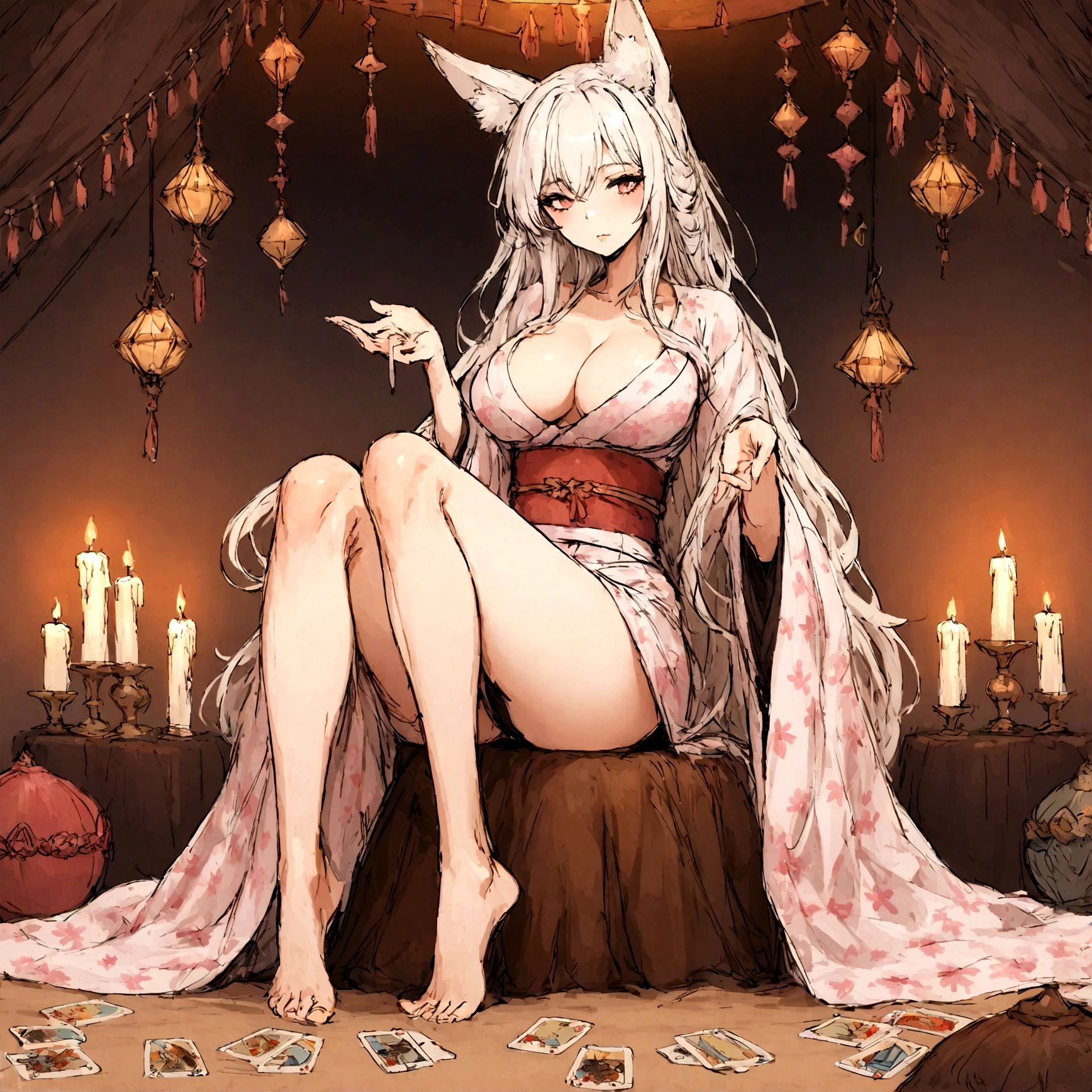 a sexy milf, has very long white hair, breasts, showing cleavage, has fox ears, wearing sakura kimono, in a gypsy tent, reading a crystal ball and surrounded by tarot cards, surrounded by candles, mystical, showing legs, sitting on cloth laden stool, has a table in front of her
