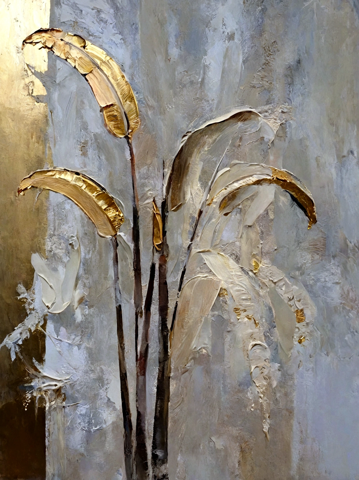 Gilded，A banana tree，vanilla，cream，Thick textured paint, whiskey，Abstract Art，emotion，emotion
