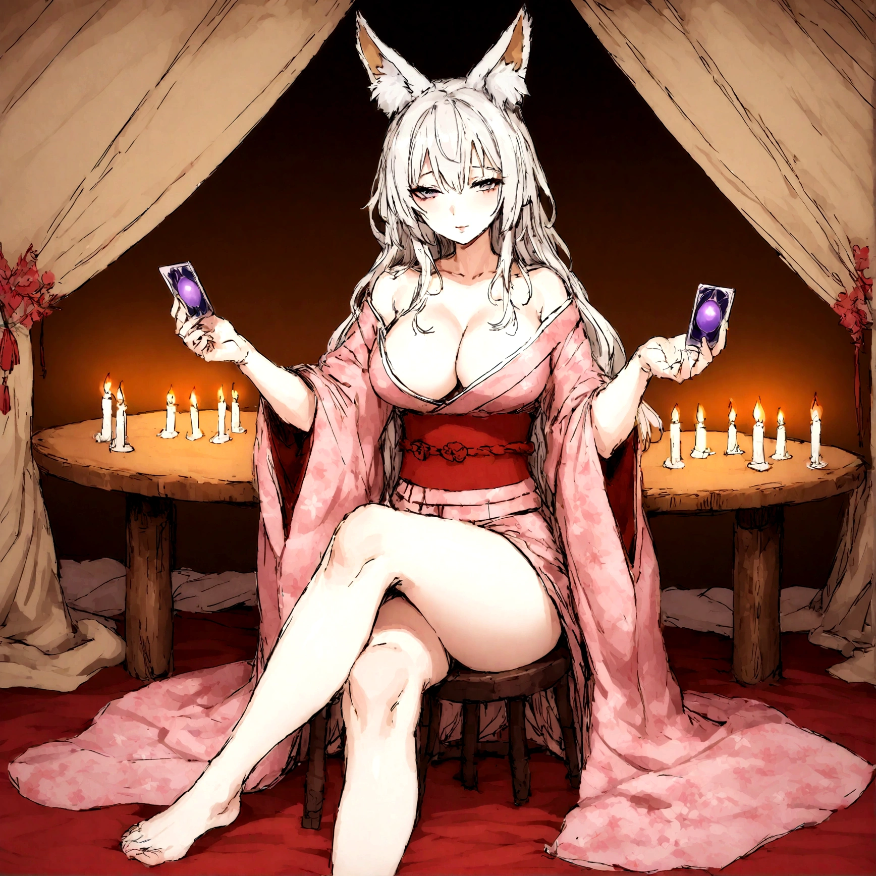 a sexy milf, has very long white hair, breasts, showing cleavage, has fox ears, wearing sakura kimono, in a gypsy tent, reading a crystal ball and surrounded by tarot cards, surrounded by candles, mystical, showing legs, sitting on cloth laden stool, has a table in front of her