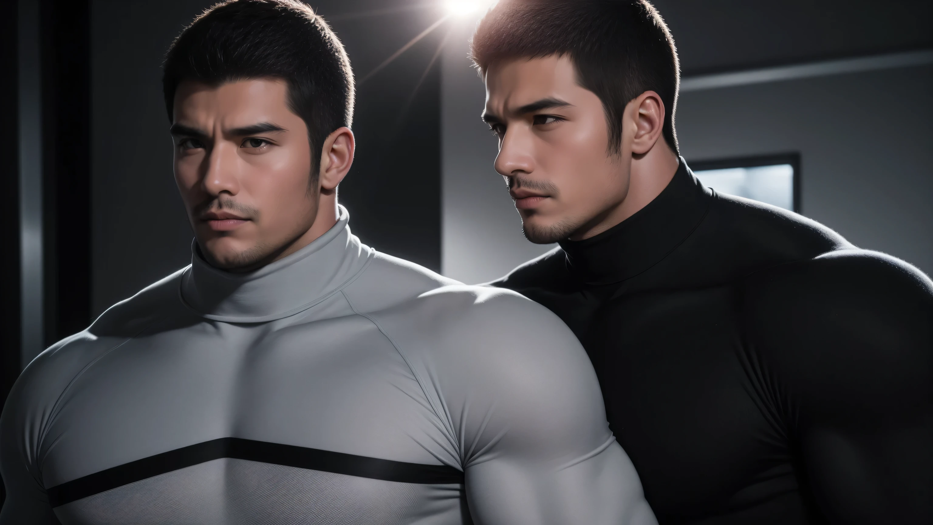 Super muscular man hugging, kissing and caressing, Open mouth and scream,Look at each other affectionately,They hugged each other affectionately,Buzz Cut,In a luxurious and noble mansion, Wear a long-sleeved light grey turtleneck tights, Thickened warm elastic texture,Clothes are very dirty with mud stains,The expression is arrogant, High collar long sleeve light grey turtleneck tights, very tight, Regular symmetrical pattern, Highlight muscles, Police uniform pants, character concept(Resident Evil - Chris Redfield, Chris Redfield)A proud expression, Deep and charming eyes, Heroic male pose, tall Burly, muscular!muscular thighs, tough guy, perfect facial features, High, Burly, Heqiang, Super polished and cool, High Resolution Committee, Charismatic, The sun shines through the customers